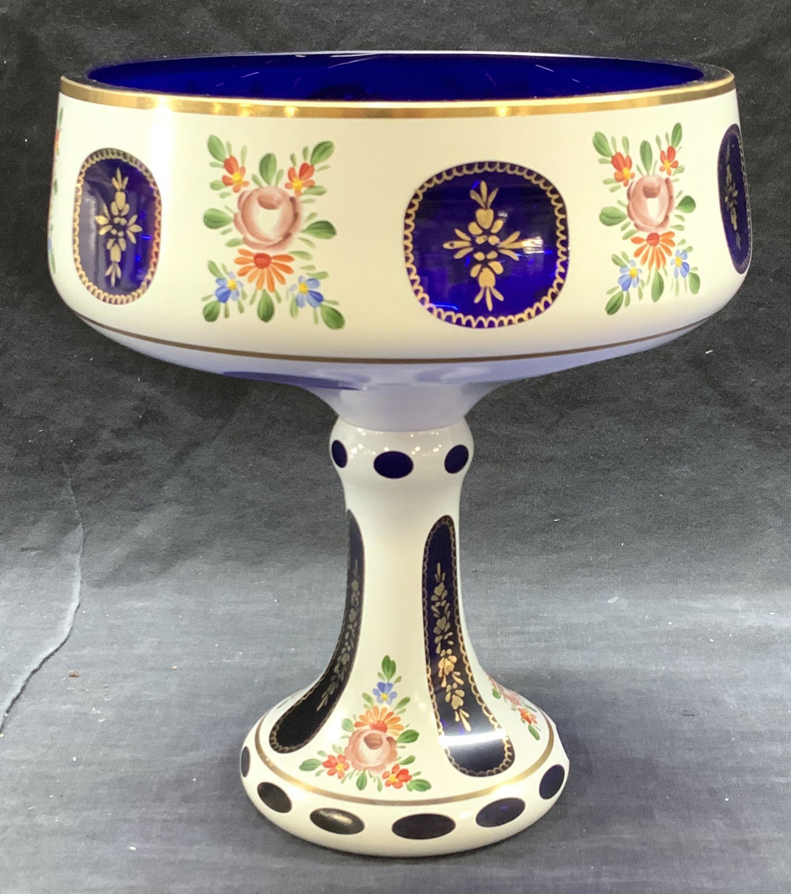 Thick Walled Cobalt Blue & Painted Glass Tazza (1 of 6)