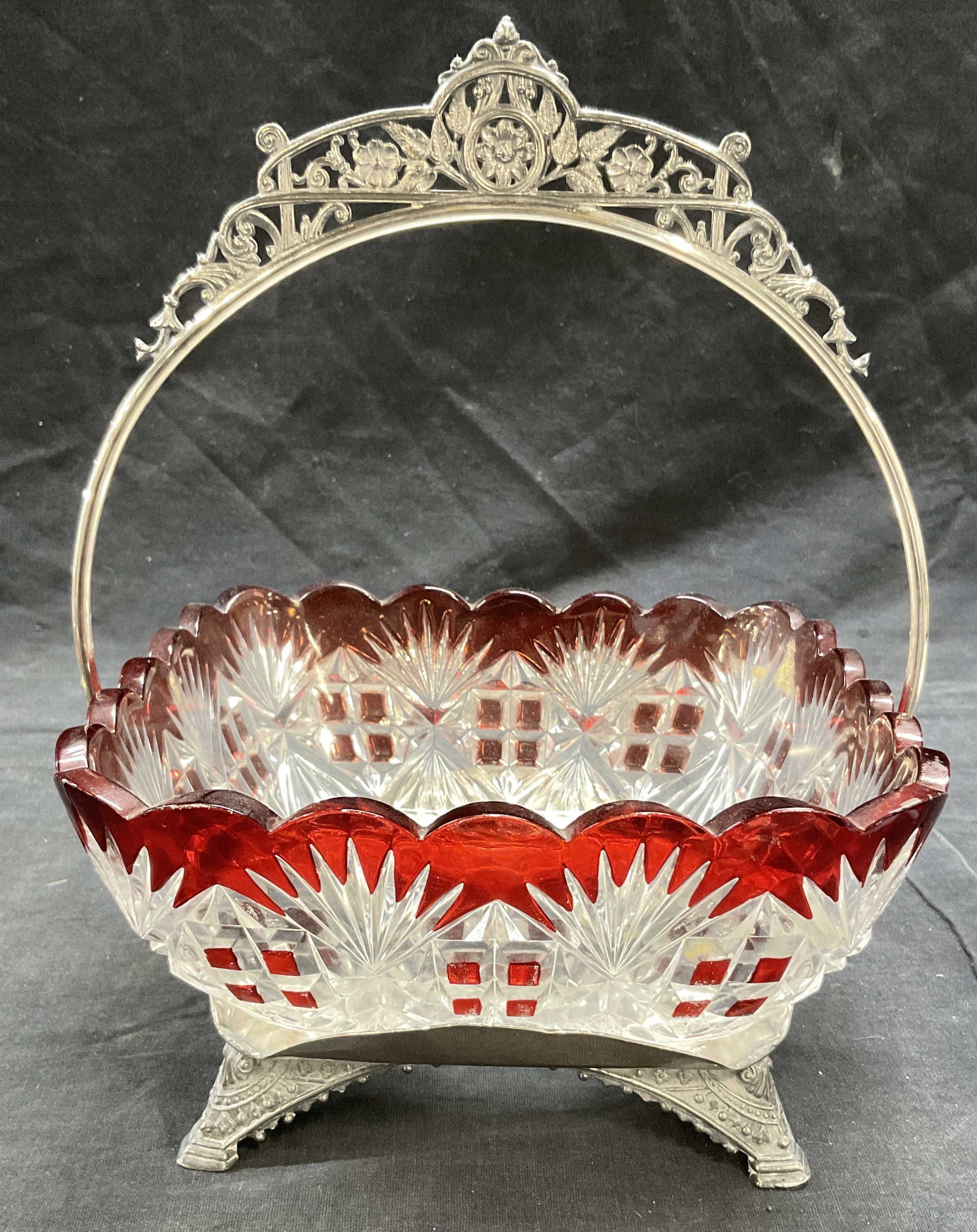 Cut Glass Vessel with White Metal Stand: Cut Glass Vessel with White Metal Stand. Comes as two parts. Measures approx 10.5 x 8.5 inches. Some minimal wear to piece, no apparent chips to bowl. Cut glass vessel, square cut glass vessel, glass 