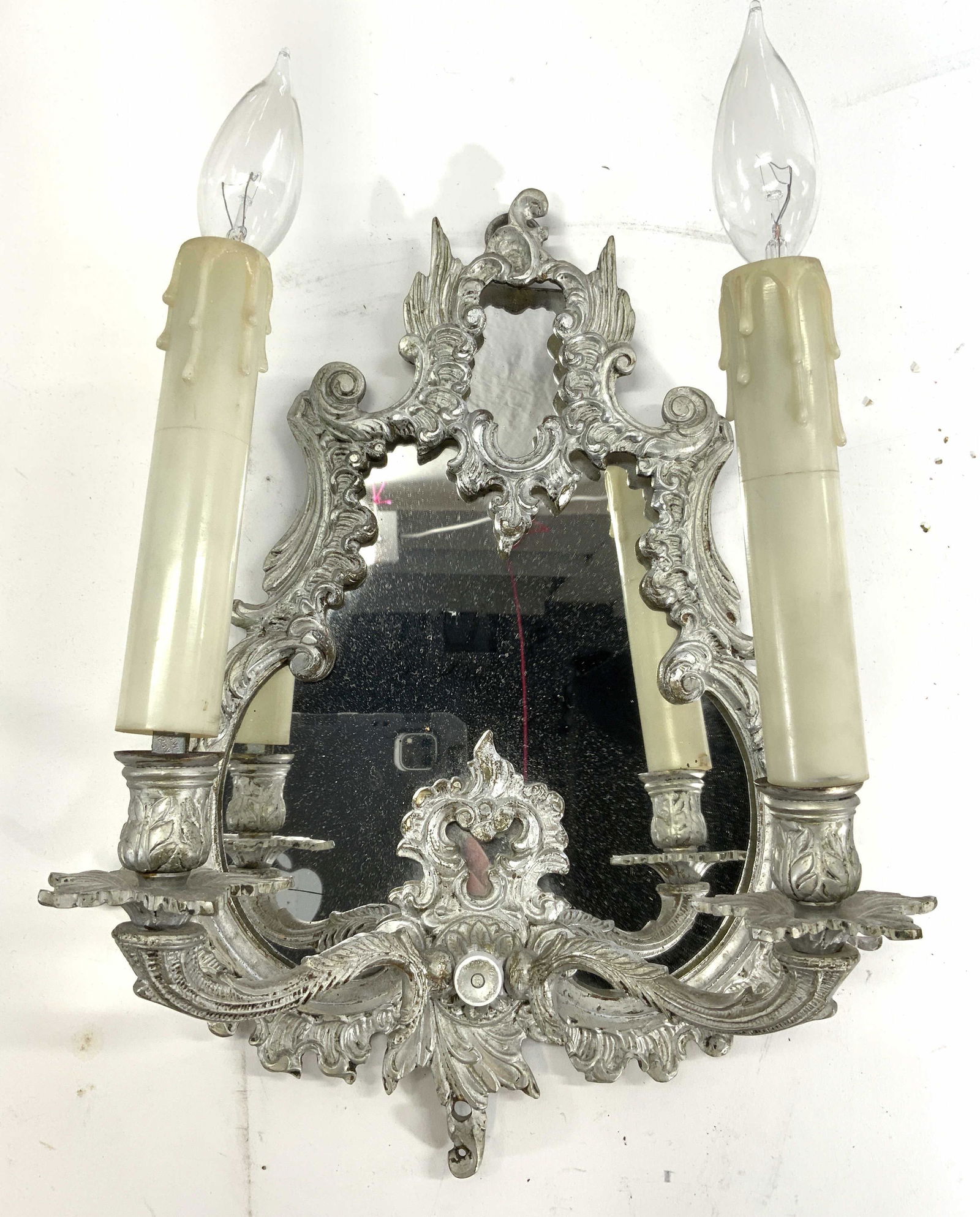 Vntg Ornate Mirrored Metal 2 Arm Wall Sconce (1 of 9)