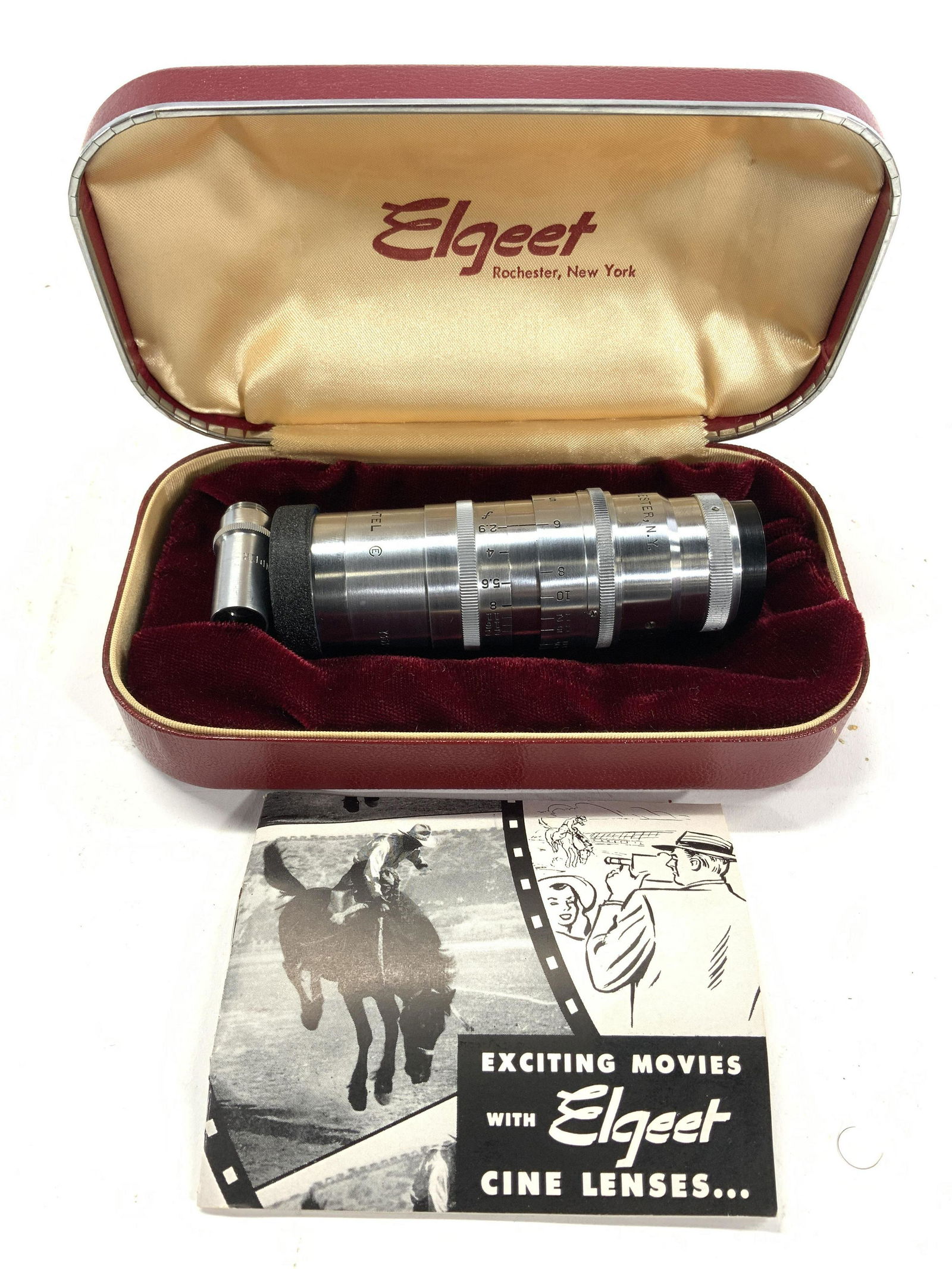 ELGEET Cine-Telephoto Lens W Case: ELGEET Cine Lens W Case. Interior of case reads Elgeet Rochester NY. Lens reads Made in USA, Elgeet 3 inch f: 2.9 Cin-tel. Smaller piece reads 3 inch Telephoto Finder 706. Lens measures 4 1/4 in long