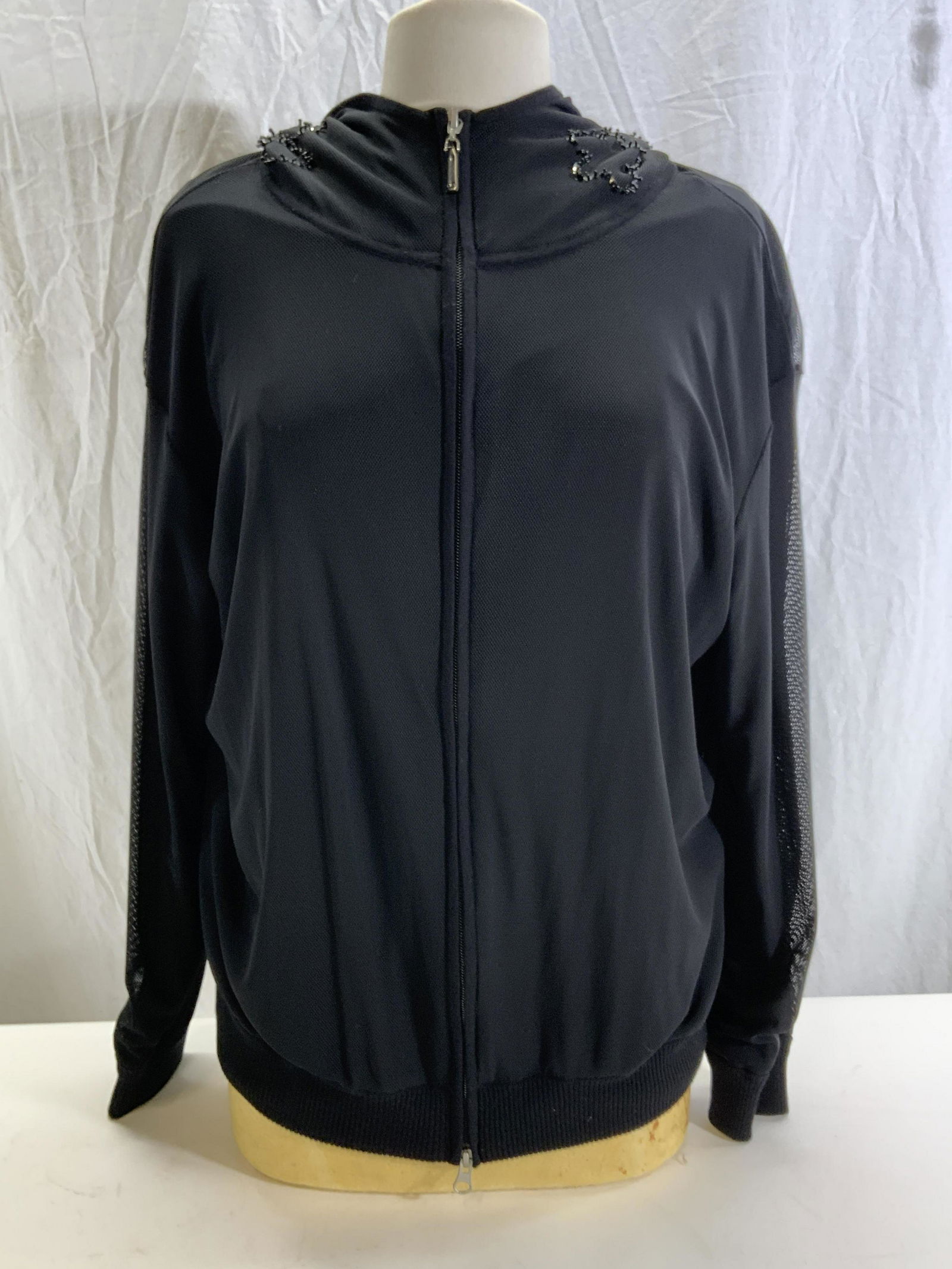 ESCADA SPORT Black Mesh Beaded Zip Up: ESCADA Soort black mesh zip up jacket with beaded decoration to hood. Size XL. Polyester outer. Fabric has stretch. ESCADA, ESCADA sport, ladies designer jacket, ladies designer zip up, ladies outerwe