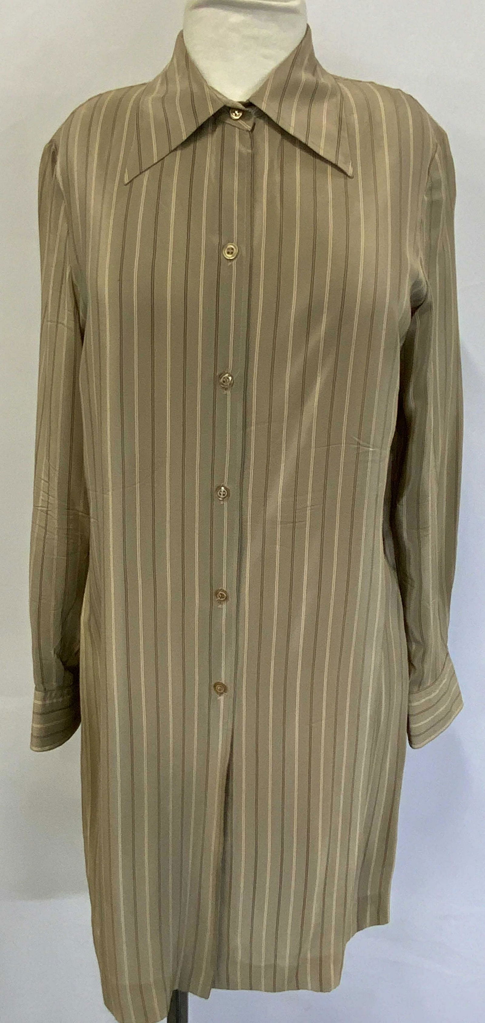 J TIKTINER Brown & Beige Pinstriped Shirtdress (1 of 5)
