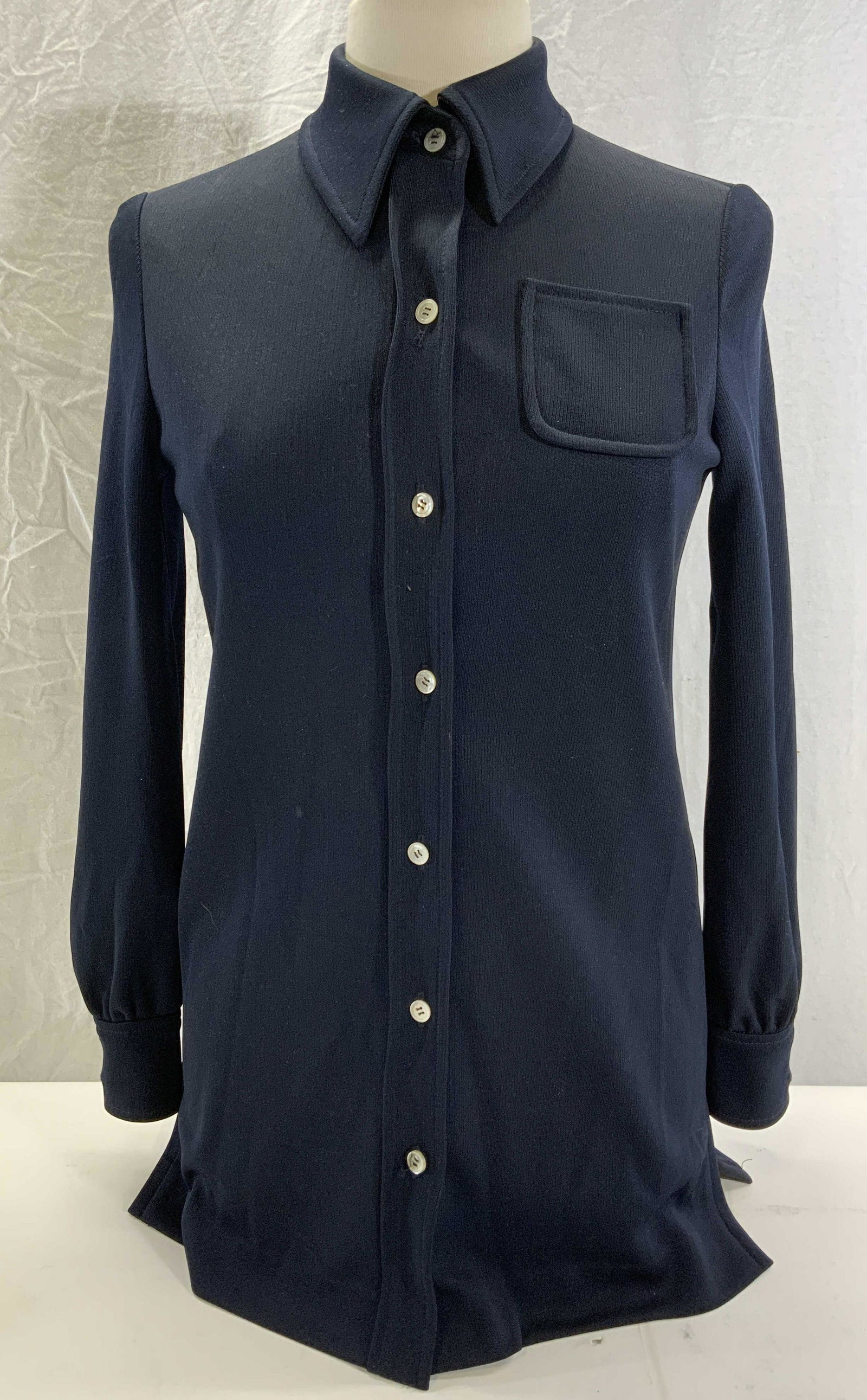 KIMBERLY Navy Blue Knit Button Up Top: Vintage KIMBERLY navy blue knit button up top. 100% Trevira star polyester fiber. Marked size 10. Measures approx. 18 inches across chest. Fabric has some stretch. Gently worn. Kimberly, Kimberly top,