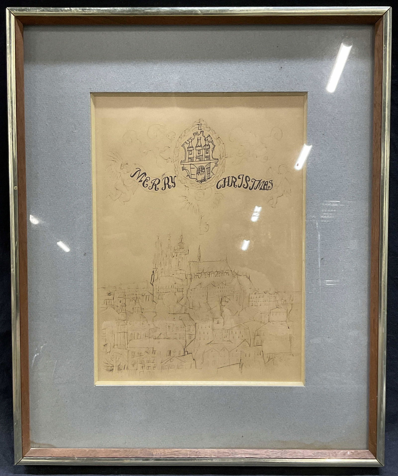 Framed, Merry Christmas City Scene, Ink on Paper (1 of 7)