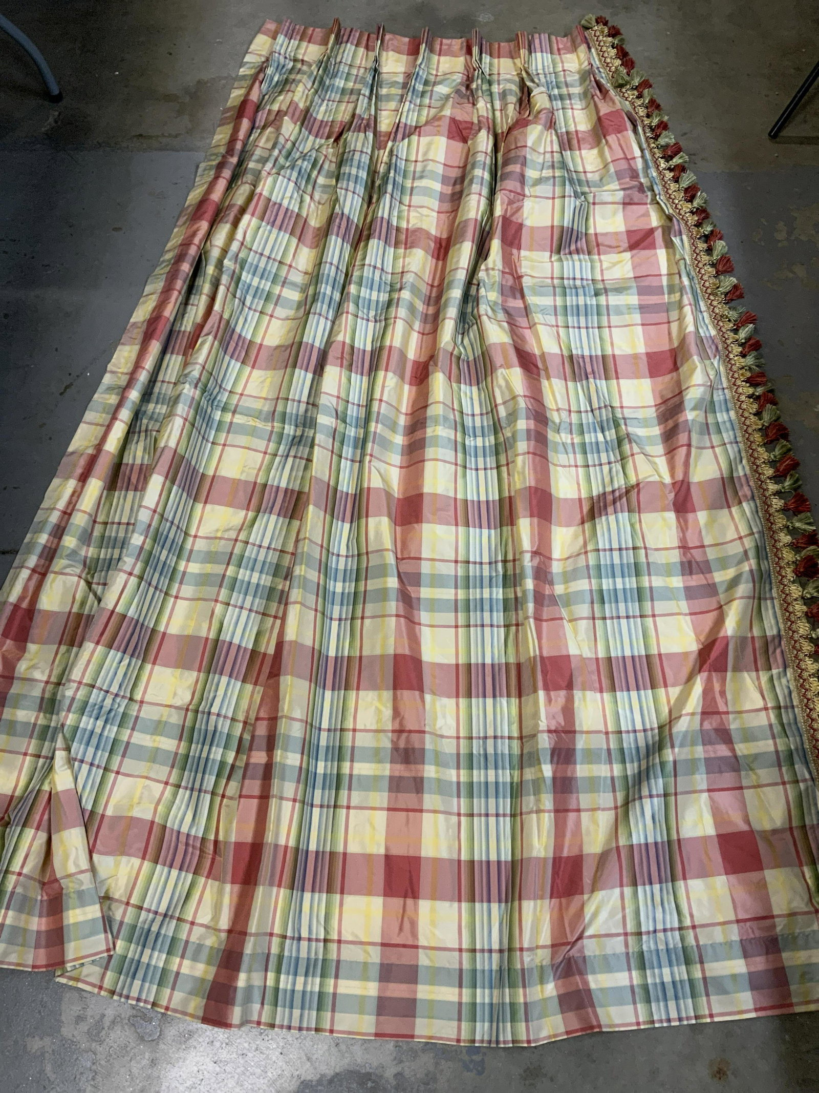 Pair Plaid Multi Silk Drapes w Tassels (1 of 6)