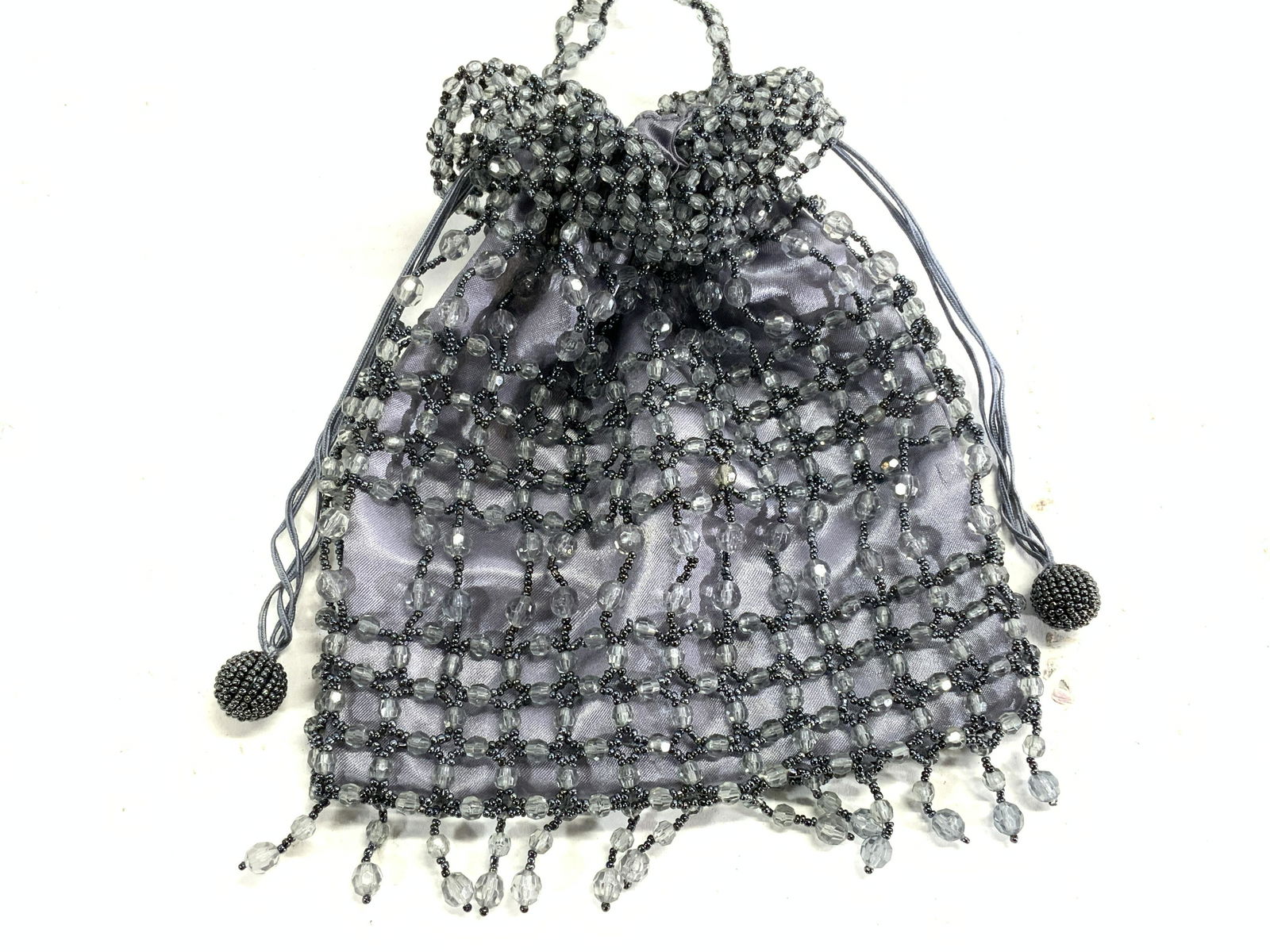 Silver Satin Beaded Evening Bag (1 of 4)