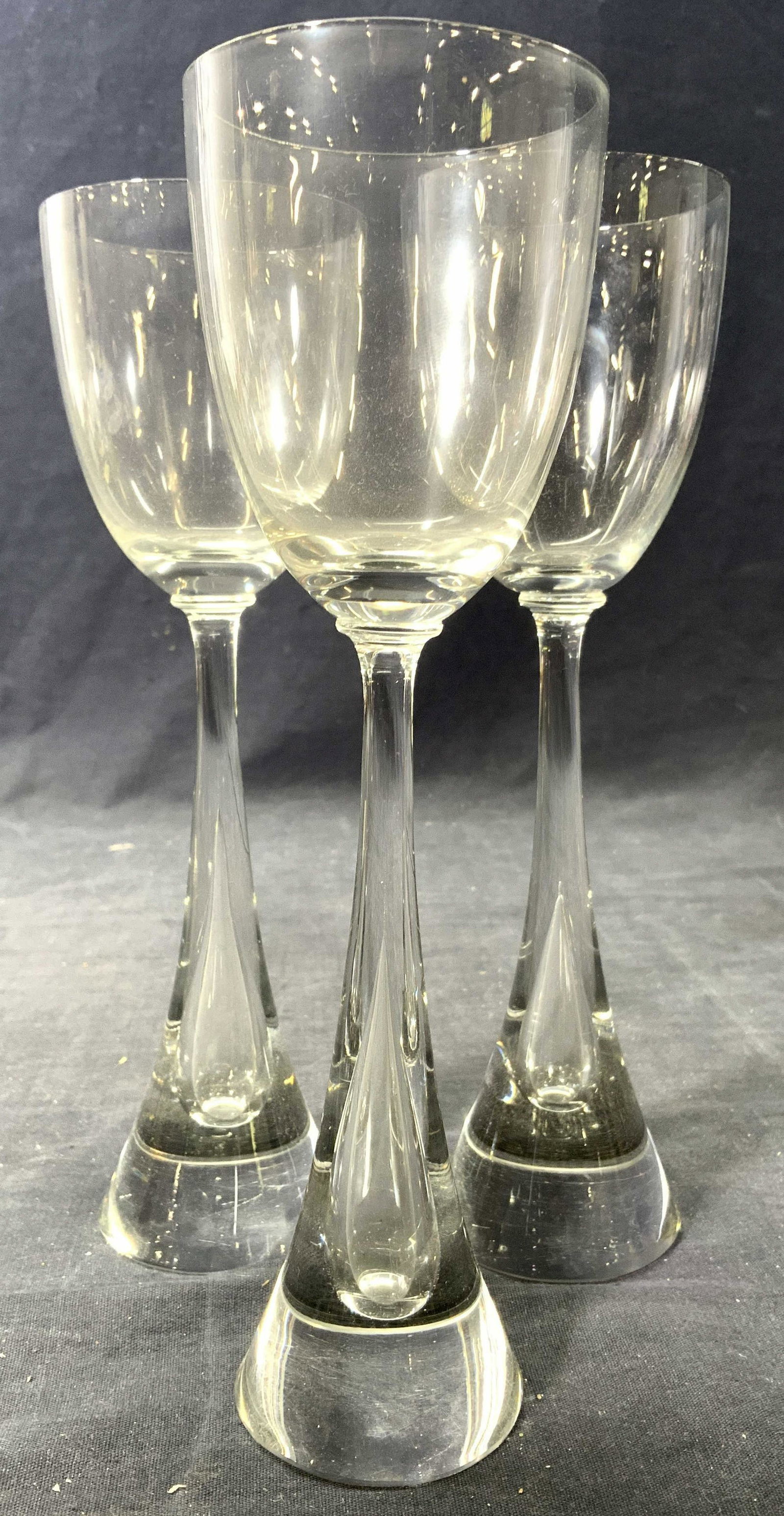 Set 3 Mid Century Modern Wine Goblets: Lot includes 3 goblets. Each are glass. Goblets have uniquely structured stems. Each piece measures 9.5 inches tall 2.75. Wine goblets, mid Century Modern wine glasses, mid Century Modern wine goblets