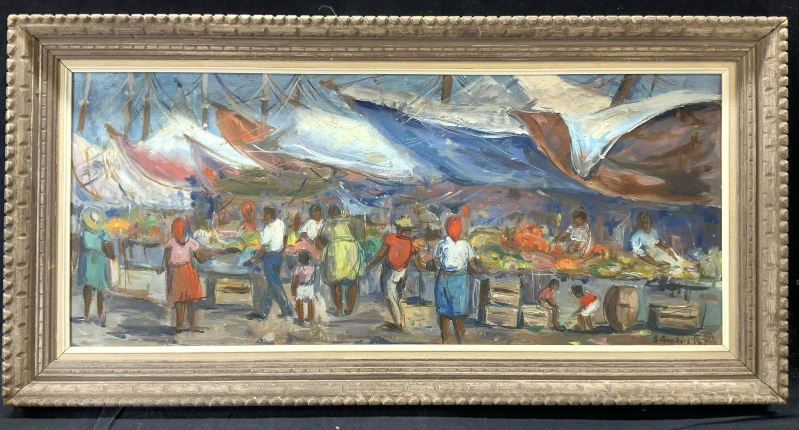 S.Sanders Signed Marketplace Painting On Board: Signed on lower right corner S.Sanders, 1965. Subject Depicts a market place with tarps above with people attending to and buying from booths. Approximately 18 x 3Ft. Framed in rustic carved wooden fr