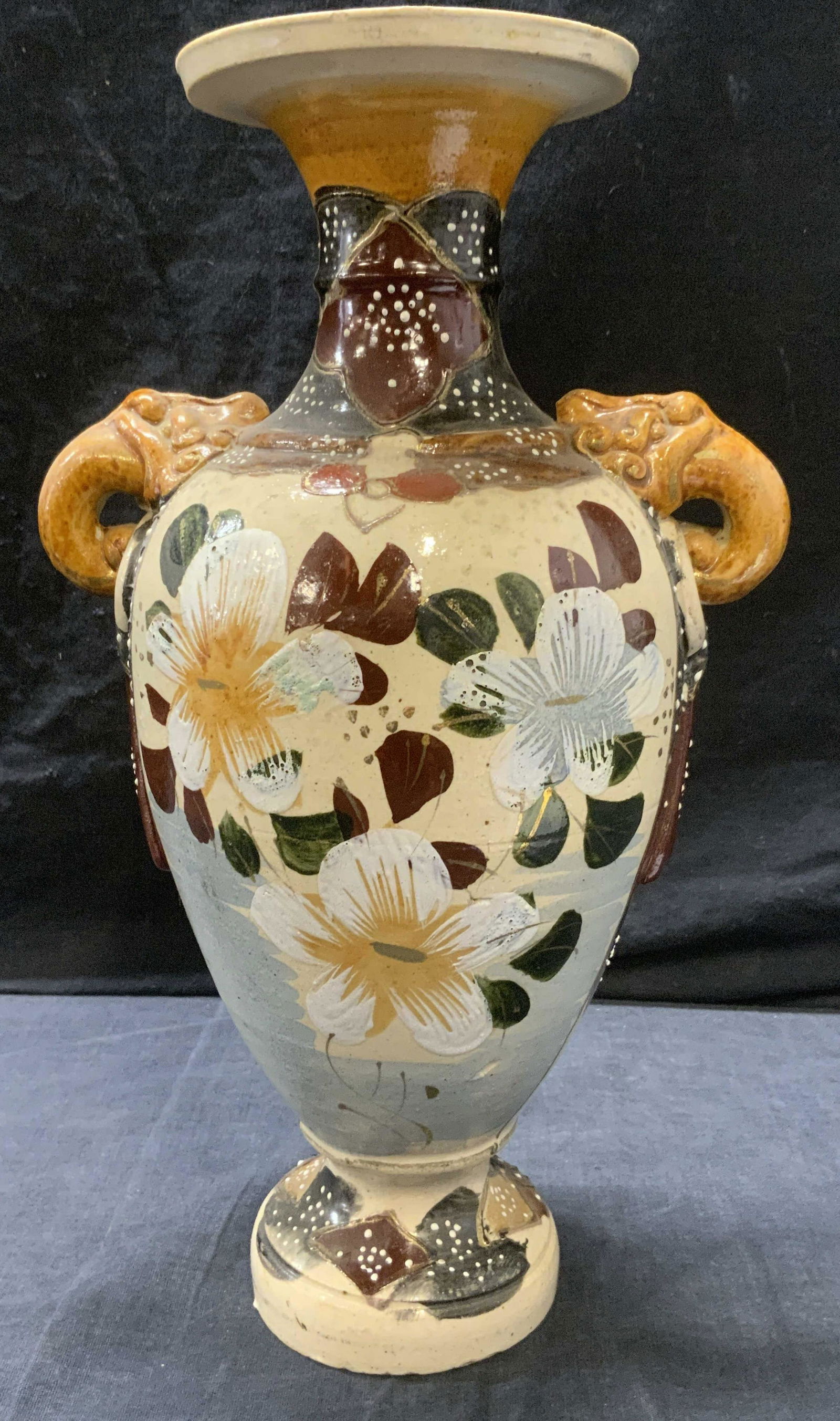 Signed Satsuma Stoneware Moriage Footed Vase (1 of 6)