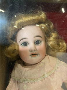 Antique Porcelain Doll in Wood Shadowbox: Vintage- Antique Doll with porcelain face , arms and feet, dressed in a pink dress with blond hair. She is in a handmade wood box with glass panel. Box measures 19.5 x 10.5 (Ht x W) , depth 4.5 in. No