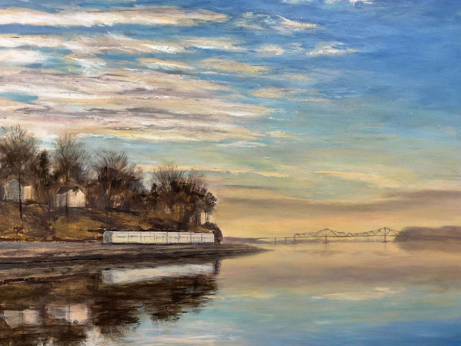 Acrylic Painting of the Hudson River: Acrylic Painting of the Hudson River and Tappanzee Bridge, no apparent inscriptions or signatures, subject a river with a bridge in the distance, measures 36 x 36 inches, exposed canvas to reverse, pr