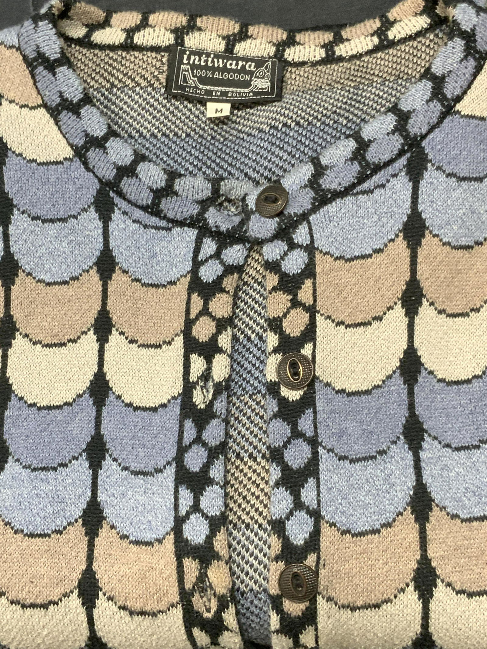 INTIWARA 100% Cotton Cardigan: INTIWARA 100% Cotton (Algodon) Cardigan, ladies size M, blue, beige, and black geometric patterning. INTIWARA 100% cotton cardigan, ladies cardigan, ladies wearables, ladies clothing, ladies sweaters,