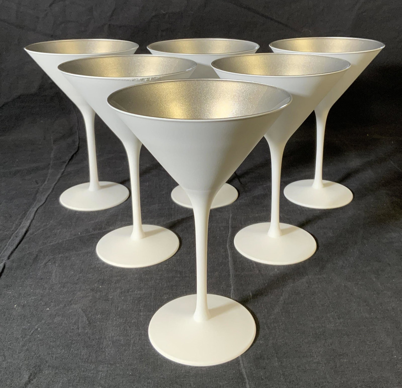 Set 6 STOZLE Olympia Martini Glasses in Box: Set 6 STOZLE Olympia Martini Glasses, no apparent inscriptions or marks to pieces, label to box reads STOZLE Olympia Martini White/Silver Made in Germany, all measure 6 3/4 inches tall x 4 5/8 inches 