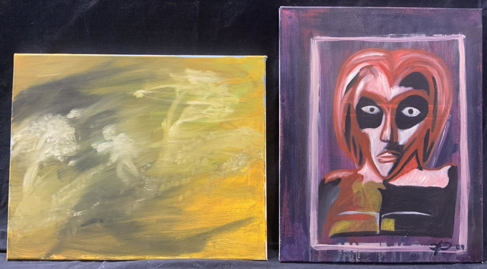 Pair of Modern Fauvist Paintings: Pair of Modern Fauvist Paintings on canvas, 1/2: abstract Fauvist oil painting with ghostly silhouettes of trees and figure, measures approx 16 x 20 in. 2/2: Acrylic Fauve cubist portrait of a person,