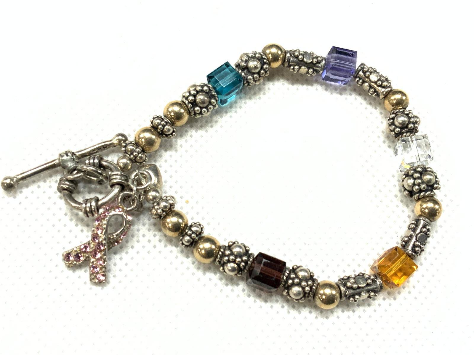 Sterling Breast Cancer Charm Beaded Bracelet (1 of 5)