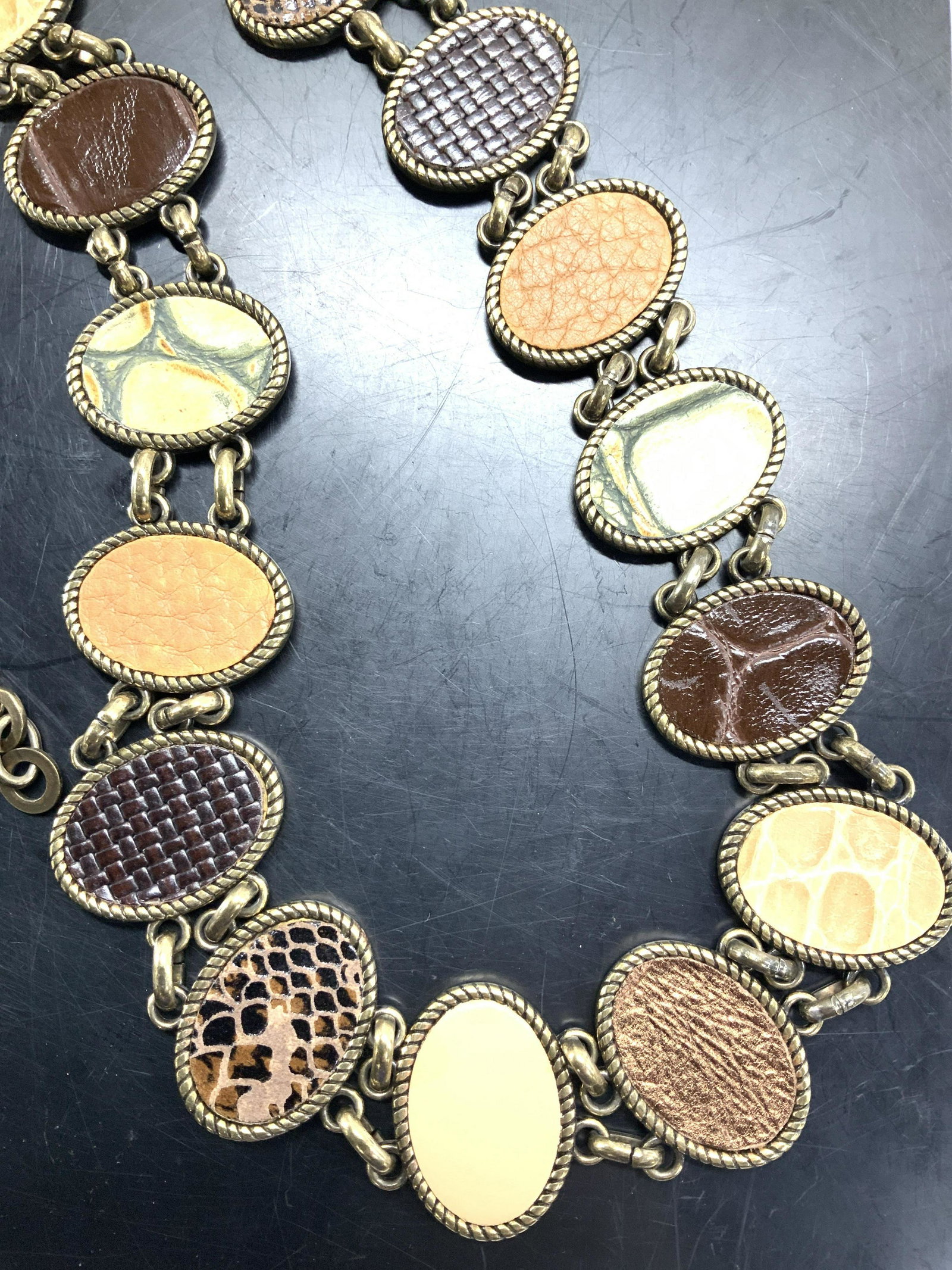 Inlaid Leather, Embossed Croc Leather Brass Belt (1 of 5)