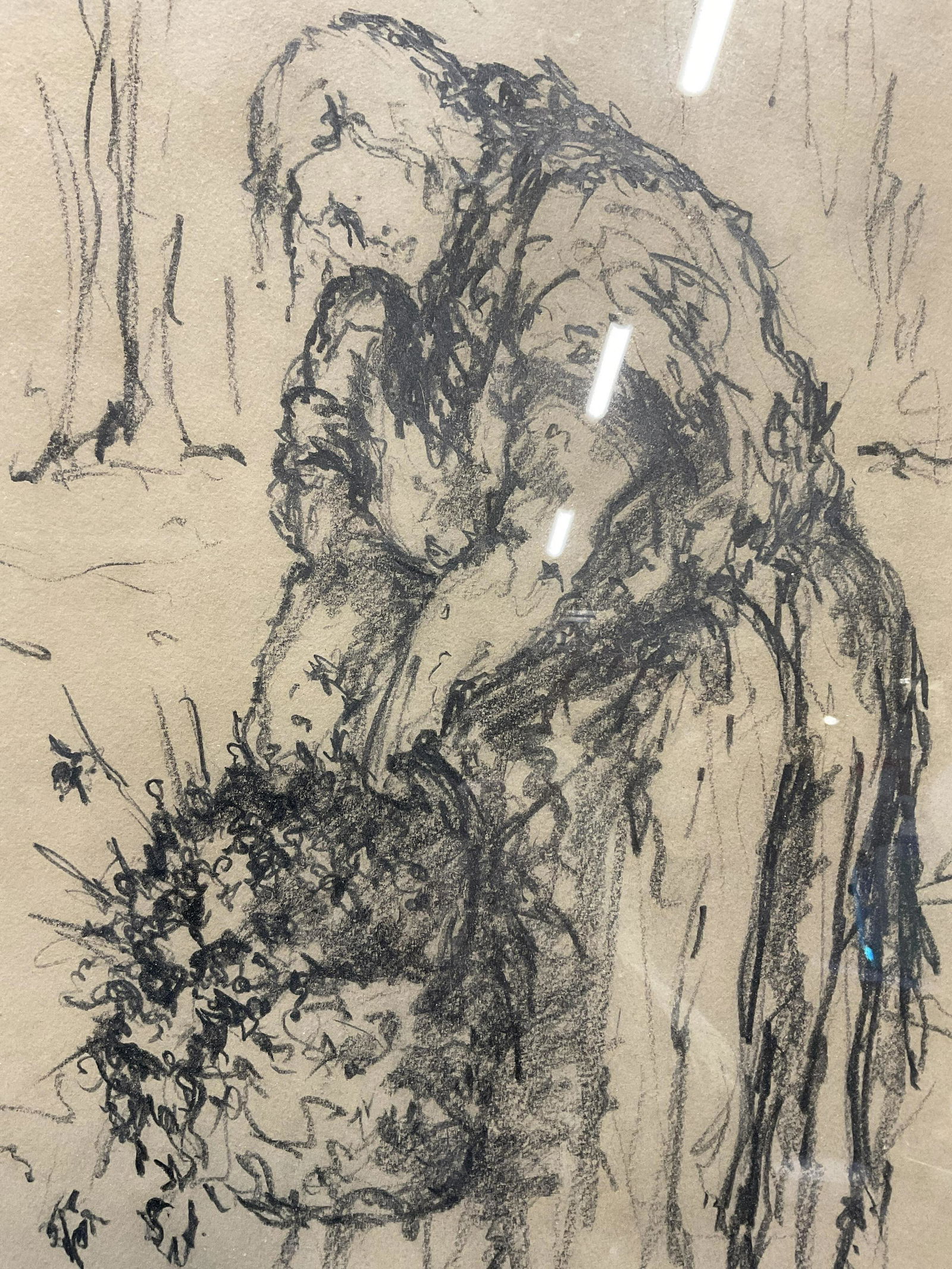 ATTR R. Sargent, Woman W Flowers Charcoal Sketch (1 of 6)