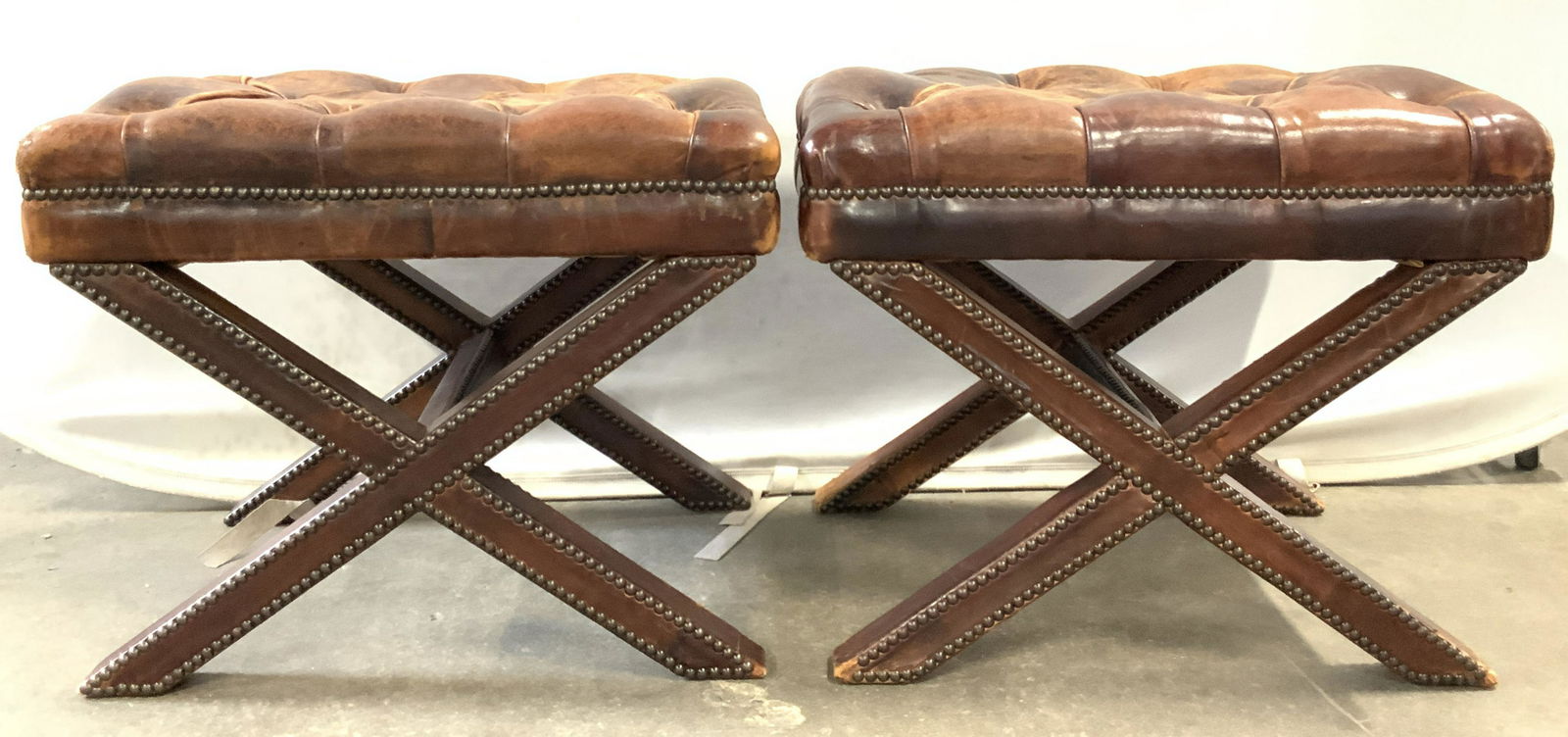 Pair 1980s Leather & Studded X Benches (1 of 10)