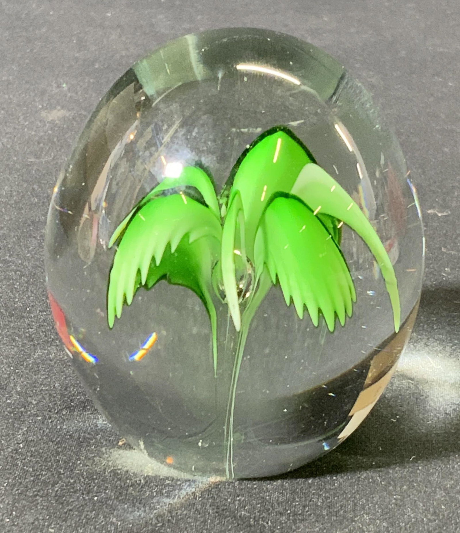 Handblown Art Glass Palm Tree Paperweight: Handblown Art glass paperweight with green palm tree motif set inside colorless solid glass. Measures approx. 2.25 inches wide and 2.5 inches tall. In good condition, minor surface wear consistent wit