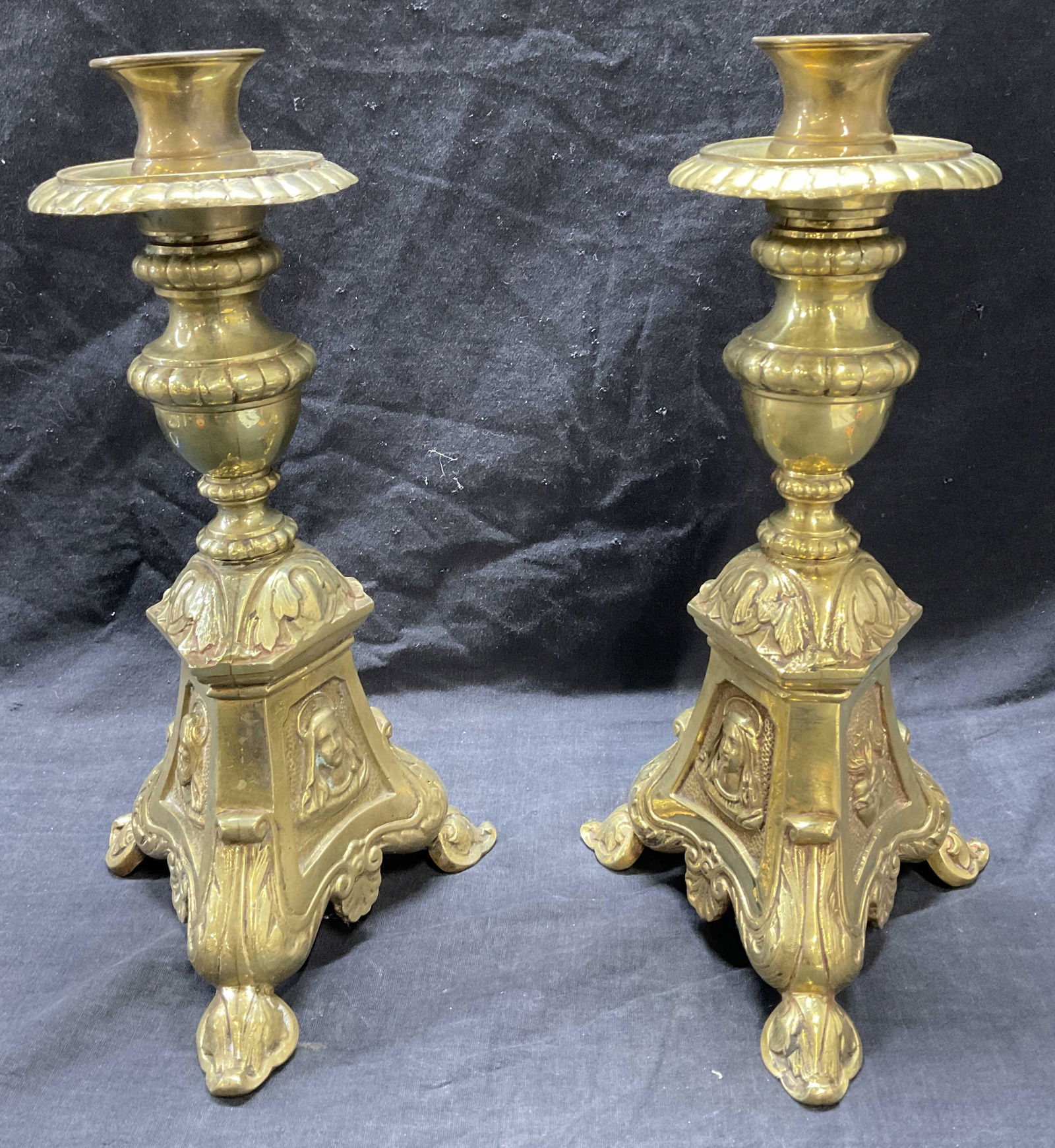 Pair Brass Religious Iconography Candle Holders (1 of 7)