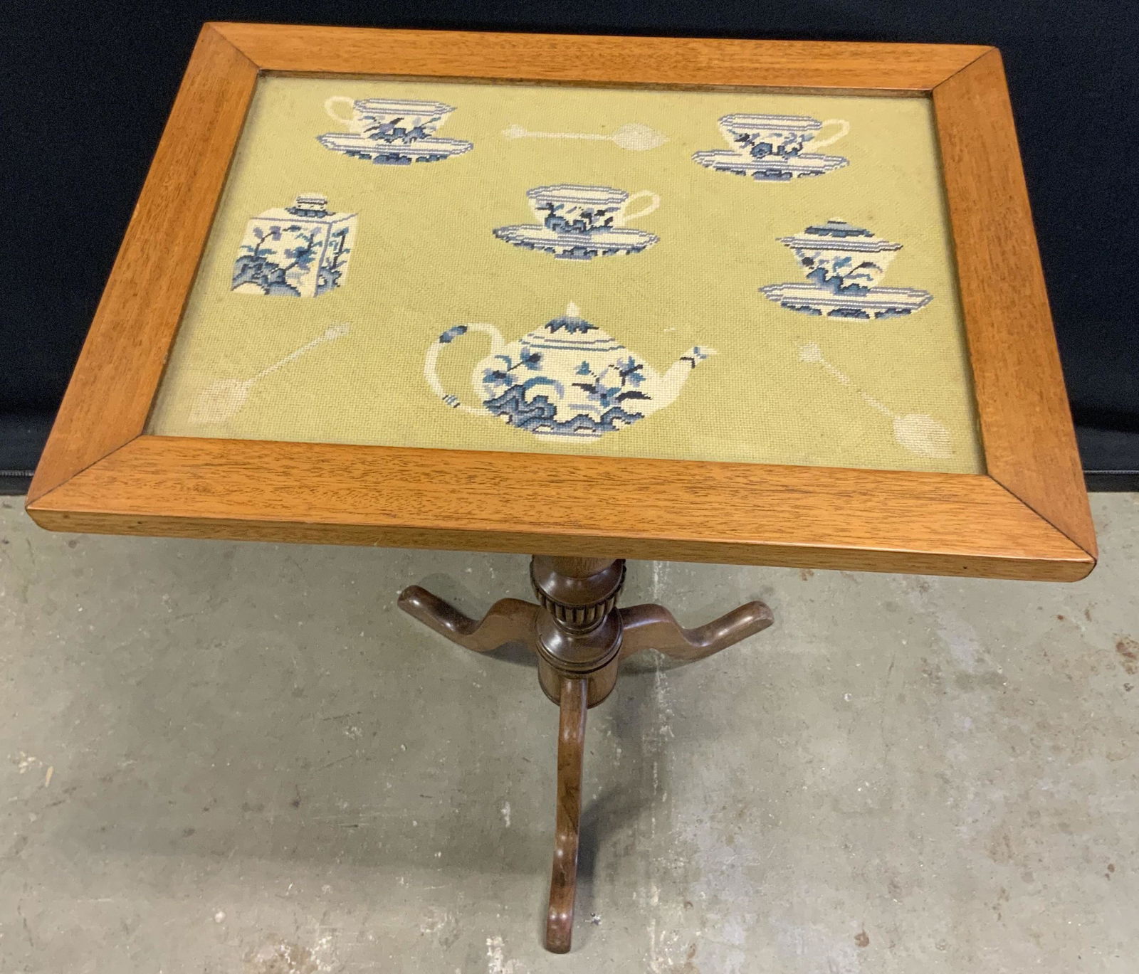 Vintage Tea Time Needlepoint Glass Top Side Table (1 of 16)