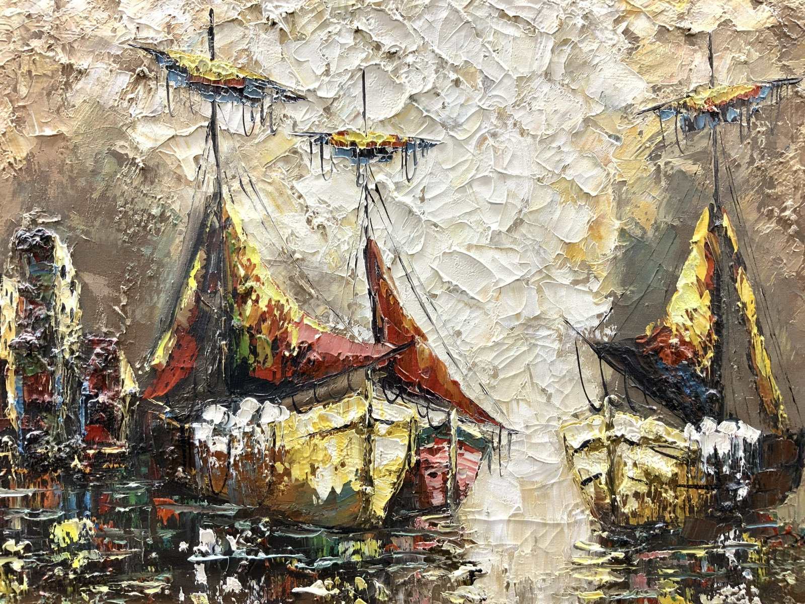 Signed Impressionist Style Ships Painting: Signed on lower right corner, Illegible. Subject depicts ships on the water with what appears to be a city in the background. Painting creating using palette knife and layers of paint. Approximately 2