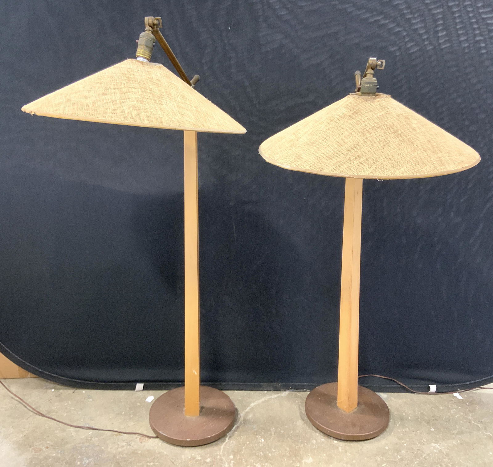 Pair Vintage MCM  Floor Lamps W Woven Shades (1 of 11)
