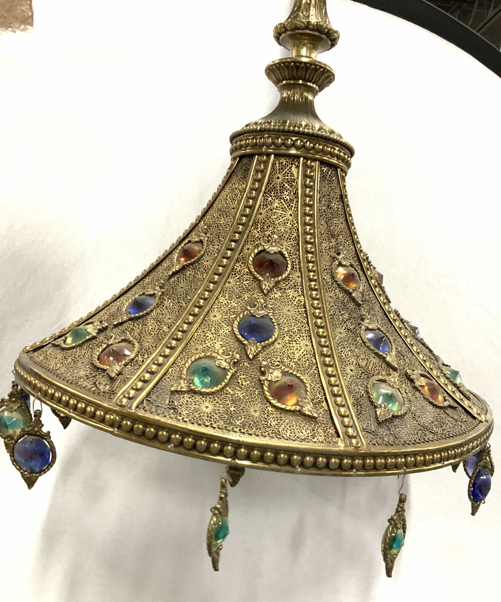 French Moroccan Bejeweled Gilt Brass Pendant Light (1 of 11)