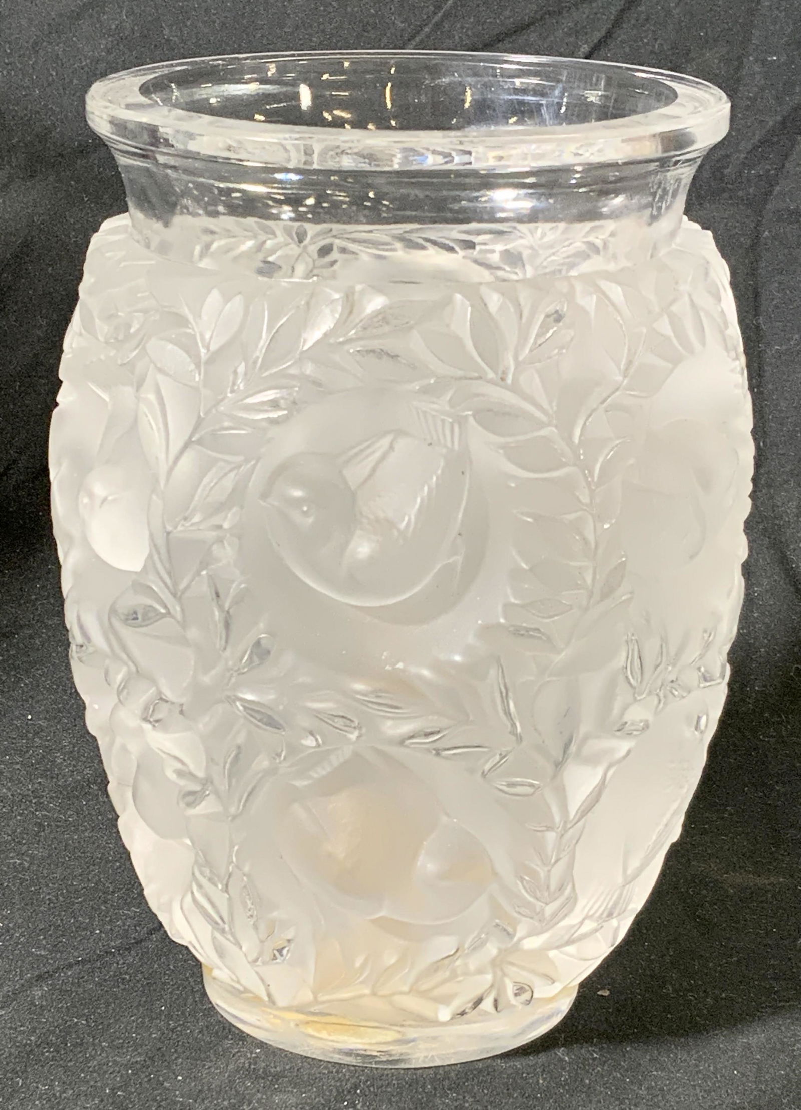 LALIQUE France Embossed Frosted Crystal Bird Vase (1 of 6)