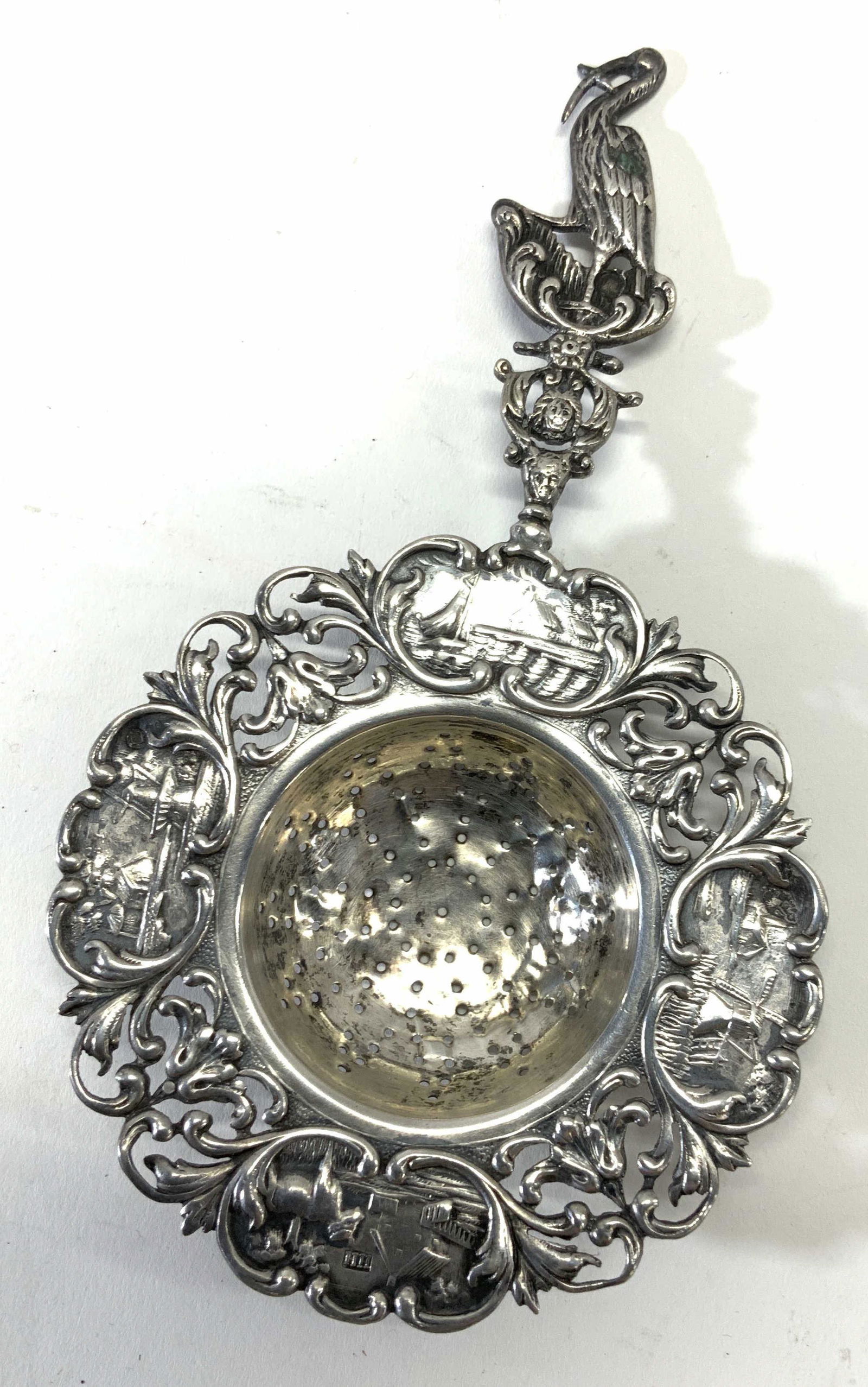 HH Sterling Silver Tea Strainer w Stork Handle, (1 of 6)