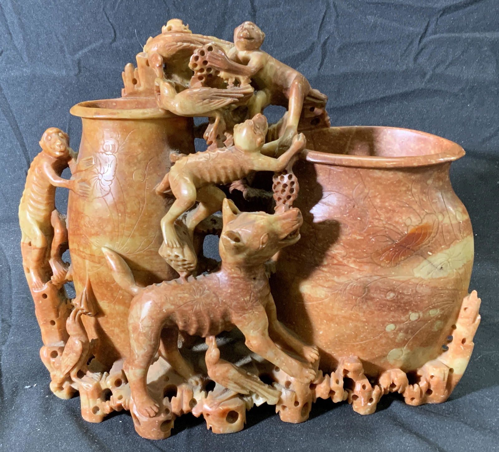 Hand Carved Natural Stone Monkey Vase (1 of 6)