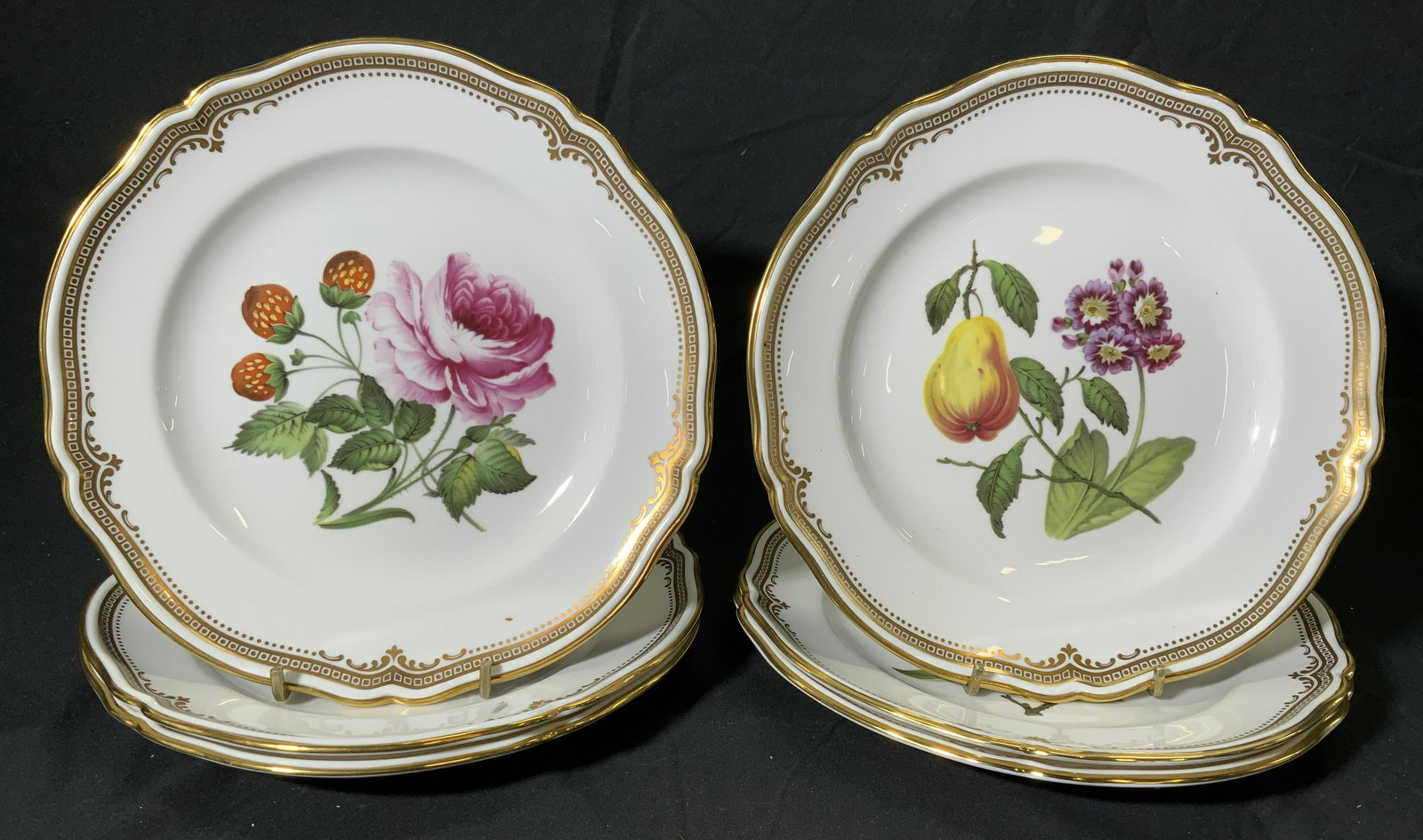 SPODE Fruit & Flower Plates Fine China Set 6: Vintage Spode fine bone china set of 6 Fruit & Flower Series plates with gilt decoration. Some surface wear consistent with exposure. Measure approx. 9 inches diameter. All pieces trademarked to under