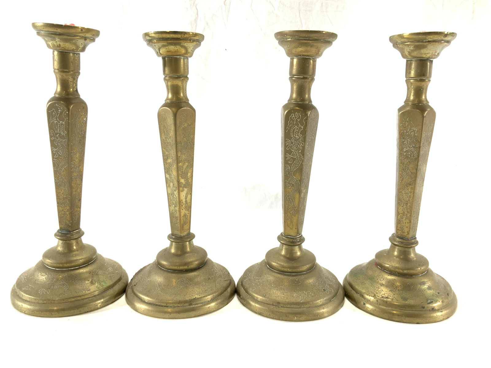 Set 4 Heavy Asian Bronze Etched Candlesticks (1 of 6)