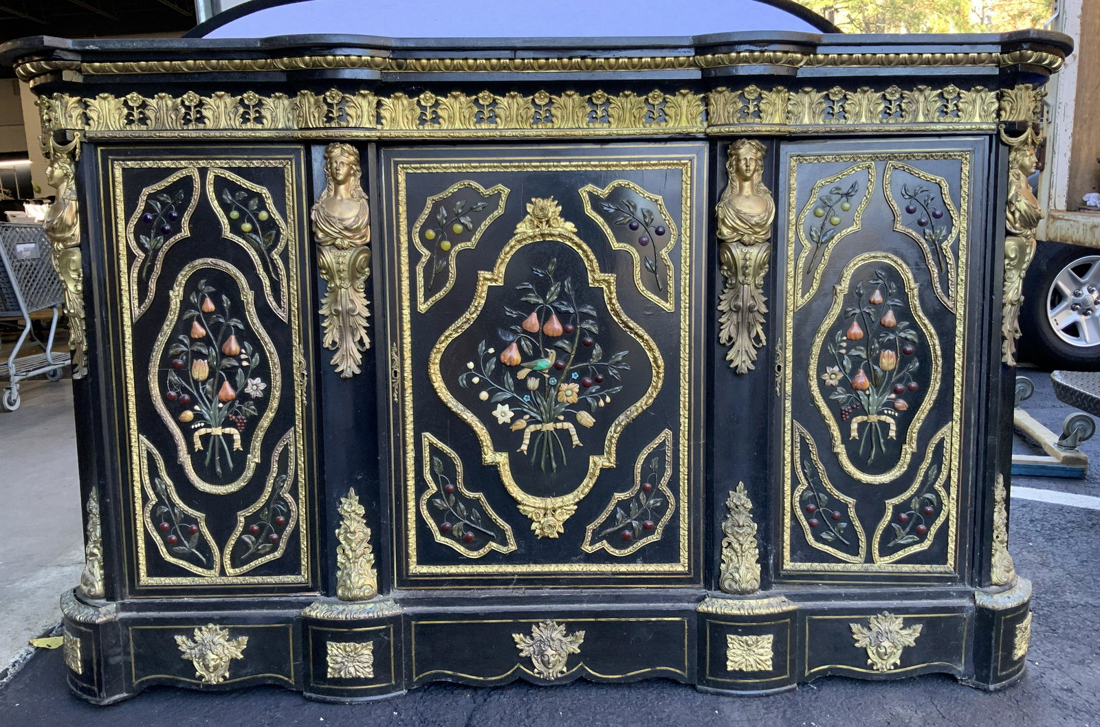 Antique 3 Door Cabinet W Gilt Metal Goddesses (1 of 19)