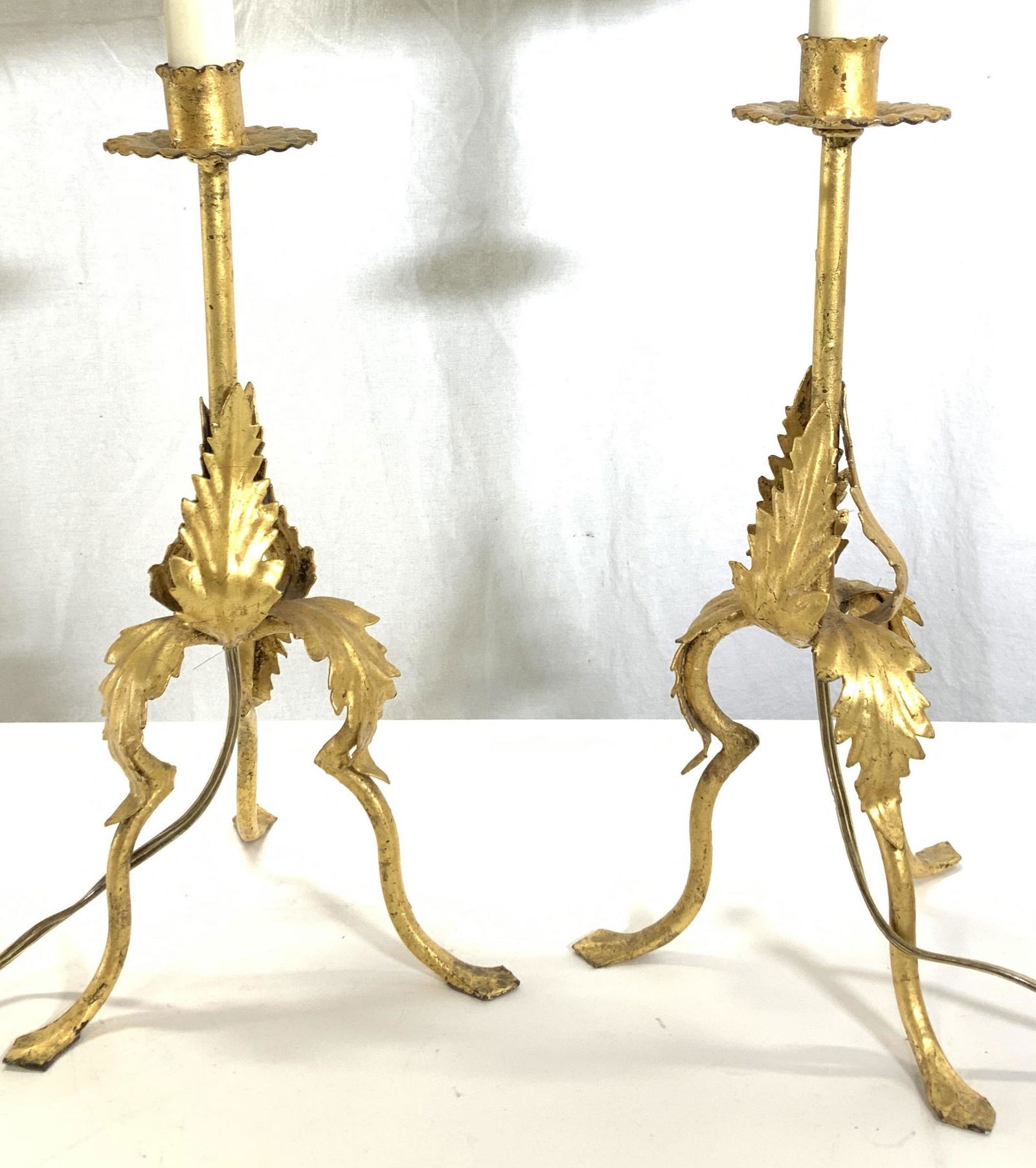 Pair Gilt Metal Lamps w LeafMotif and Black Shades (1 of 11)