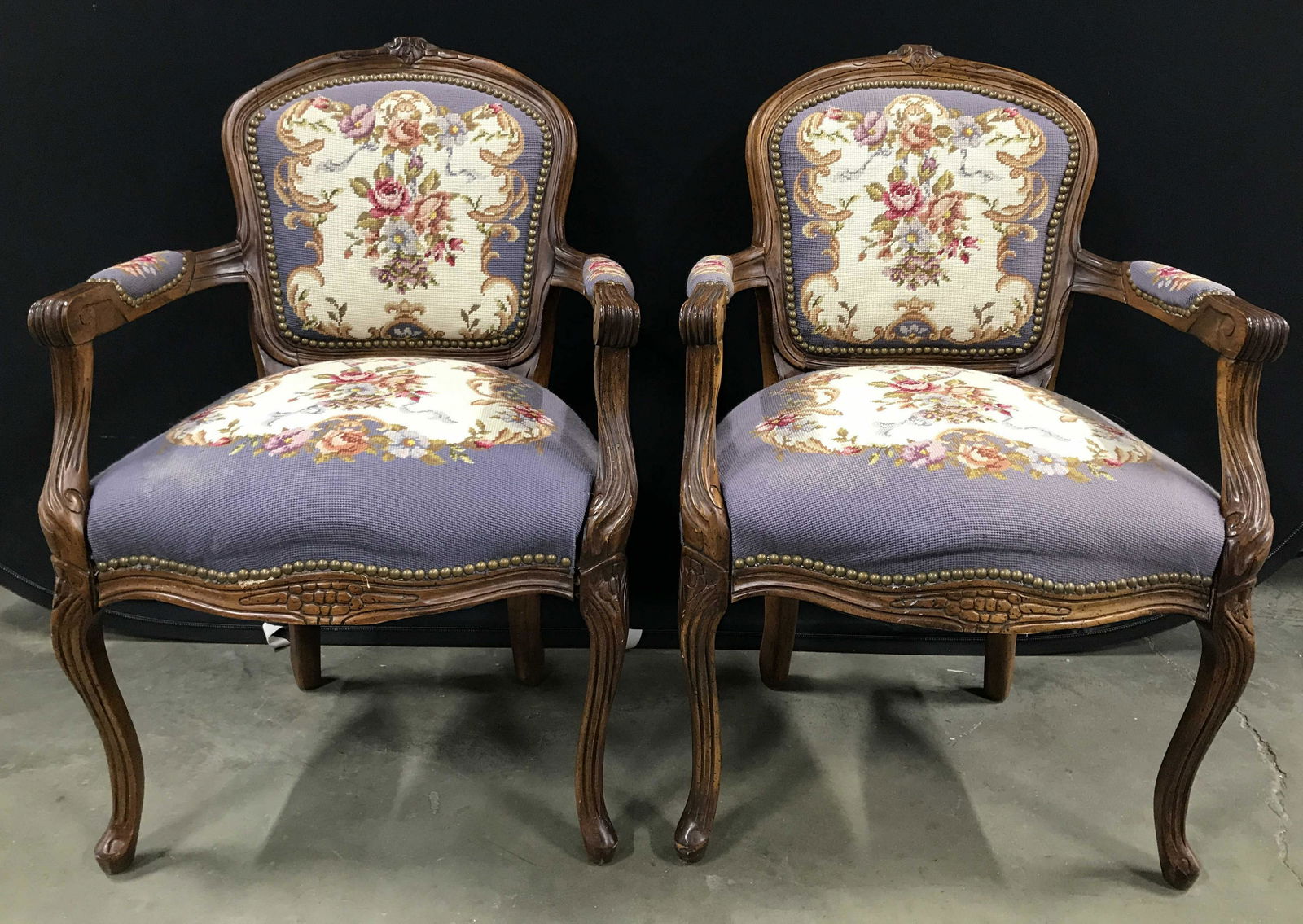 Pr Antique Needlepoint Upholstered Bergere Chairs (1 of 12)