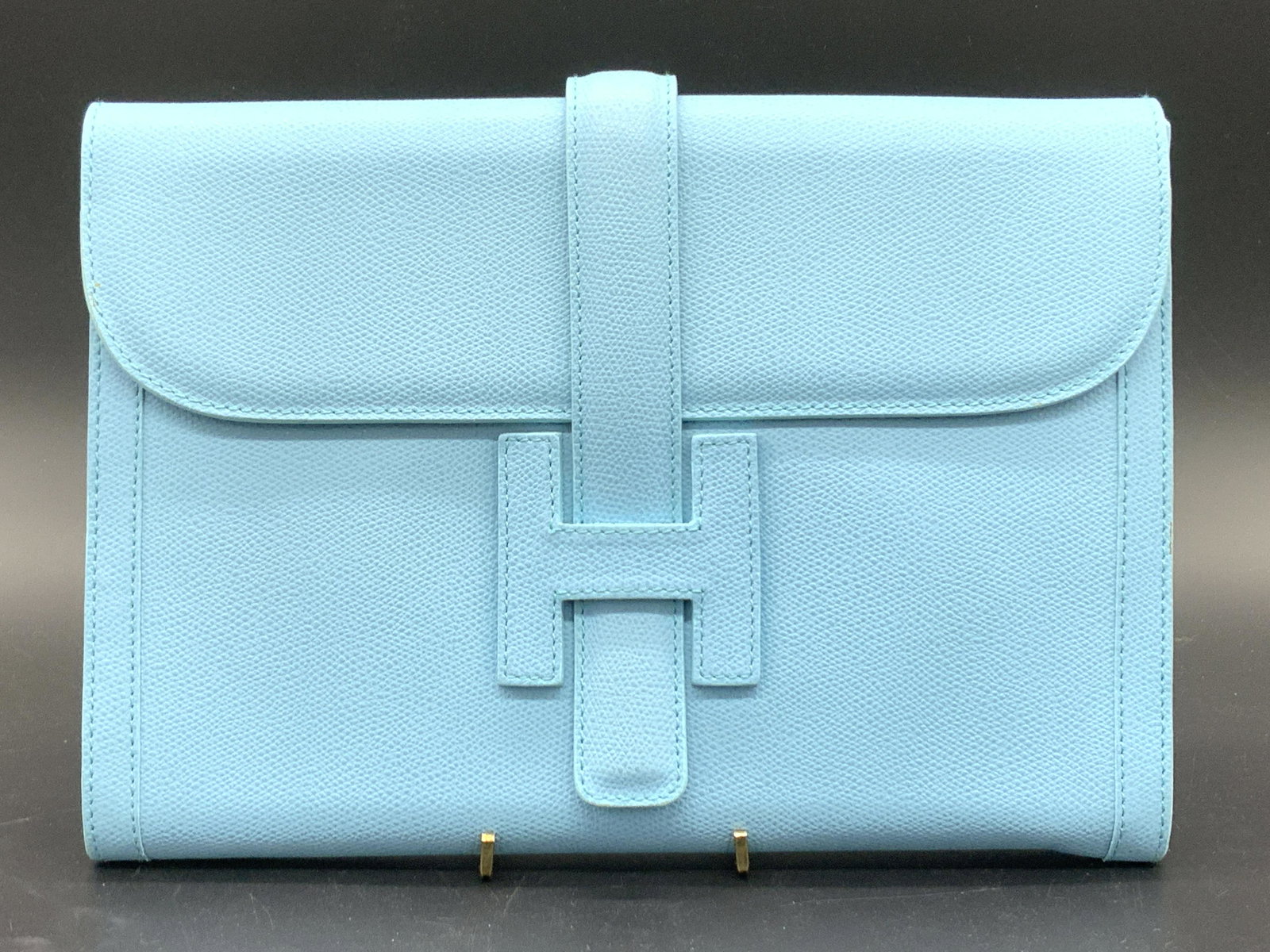 HERMES Style Aqua Blue Pebble Leather Clutch, IT (1 of 8)