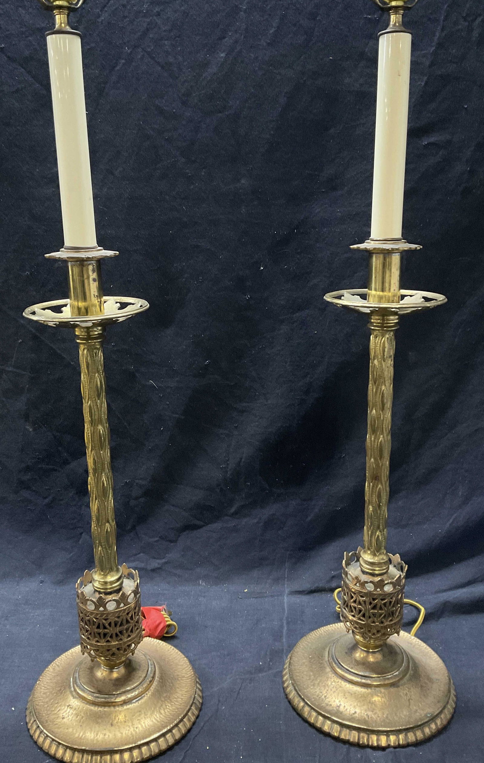 Pair Signed OSCAR B BACH Gilt Bronze Lamps: Pair Signed OSCAR B BACH Gilt Bronze Lamps. Lamps are missing Finial and Harps, shades included. Signature to bottoms of lamps. Surface wear to pieces are consistent with age, minor oxidation to piece
