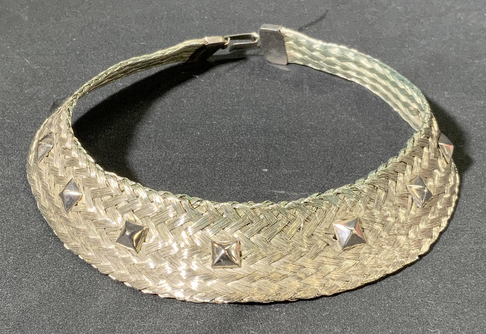 FABRICE Woven Metal Studded Collar Choker: Fabrice Paris signed woven metal collar choker necklace with studded decoration. Hook closure. Signed to clasp. Interior neck diameter approx. 4.75 inches. Collar approx. 1.25 inches wide. Some surfac