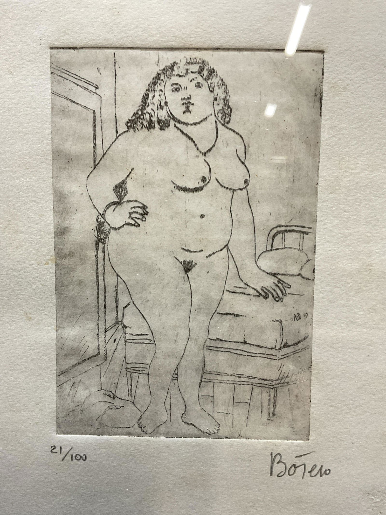 ATTR Botero Plate Impression of Nude Woman: Attributed to Botero, Signed to bottom right. Plate impression, numbered 21/100. Clear impression to paper. Framed in a wooden frame with double matting. NOT examined out of frame. Wire to back. Surfa
