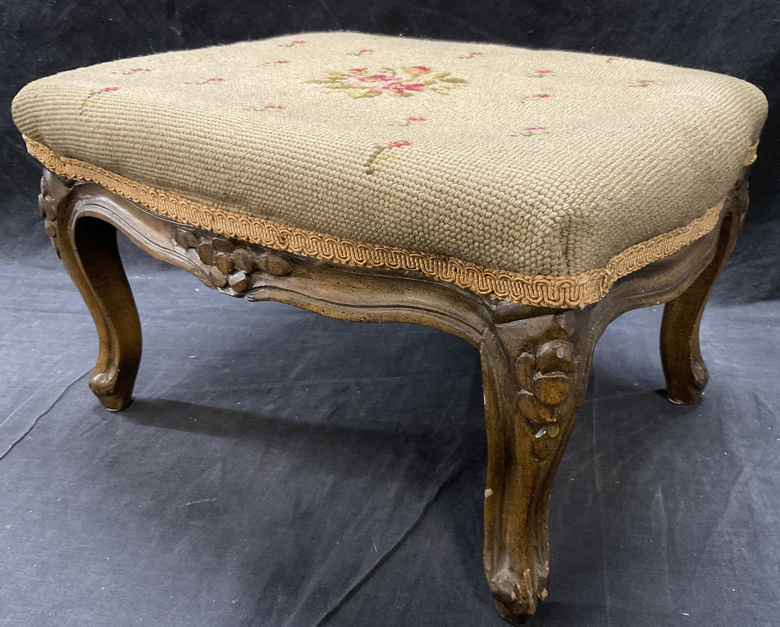 Vintage Needlepoint Carved Bottom Foot Stool (1 of 7)