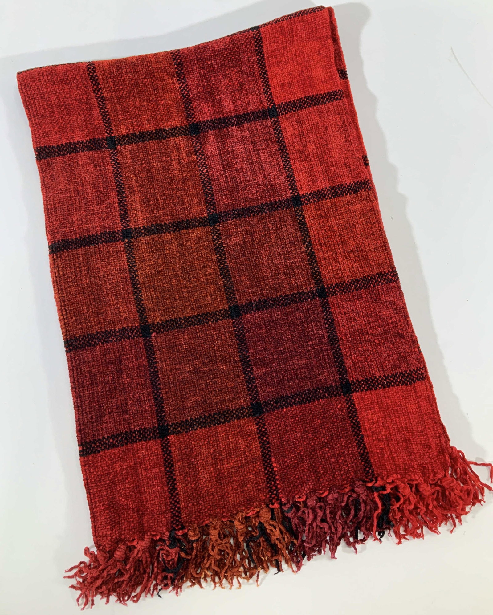 Chenille Red & Burgundy Plaid Scarf, New (1 of 4)