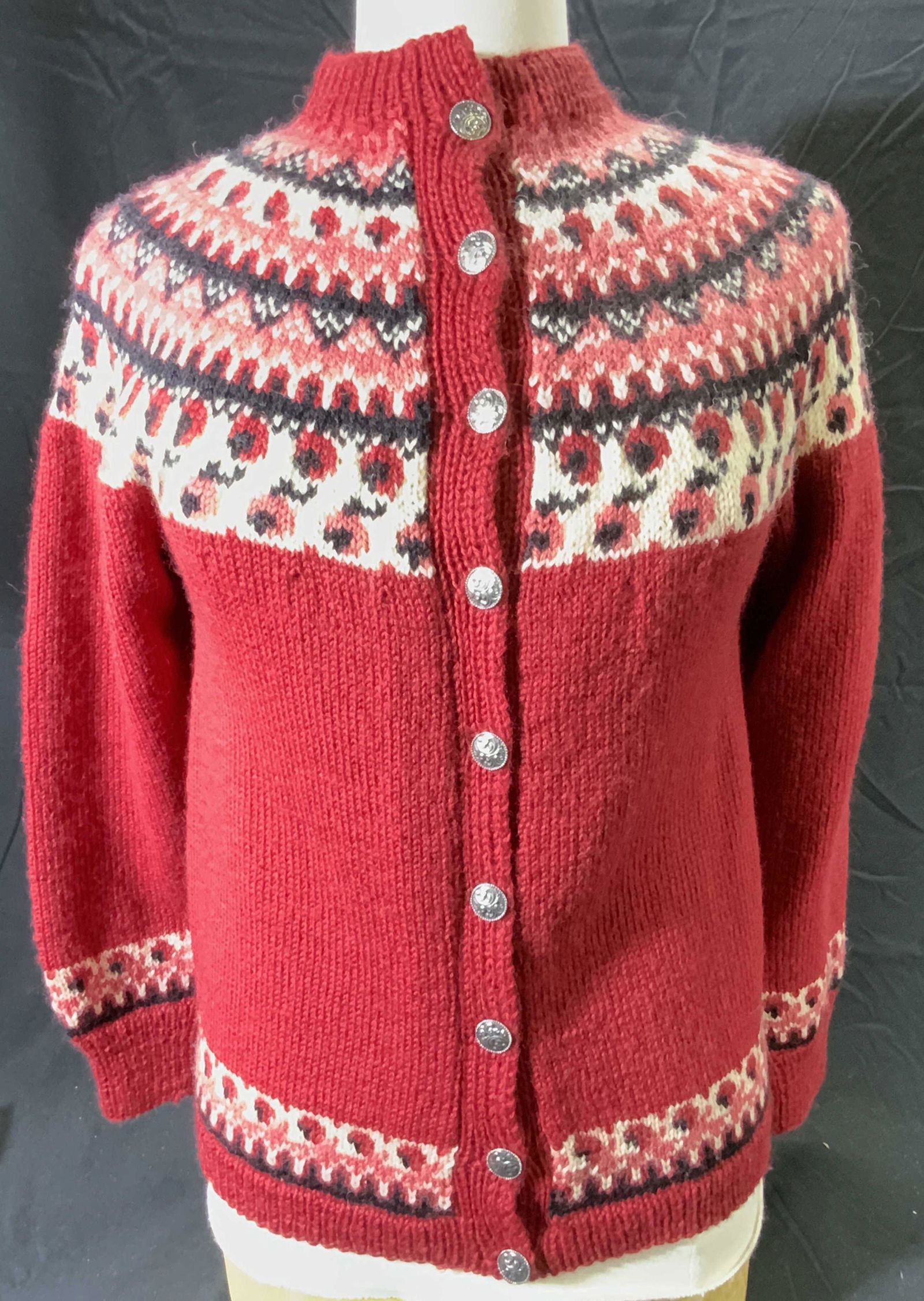 Maroon Hand Knit Wool Cardigan, Norway (1 of 5)