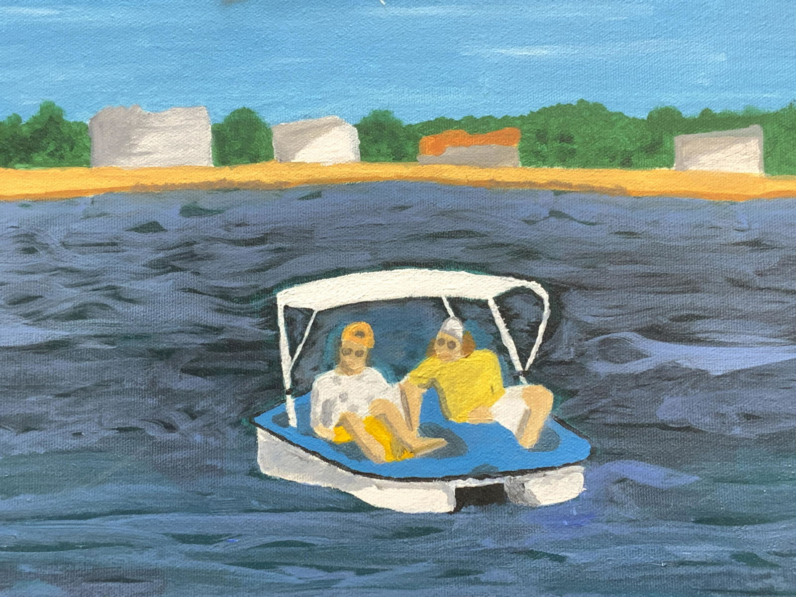 Men in a Paddleboat Oil on Canvas: Men in a Paddleboat Oil on Canvas, subject shows two figures wearing backwards hats and sunglasses on a paddleboat together with the shore behind them, no frame, surface wear and tear, measures approx