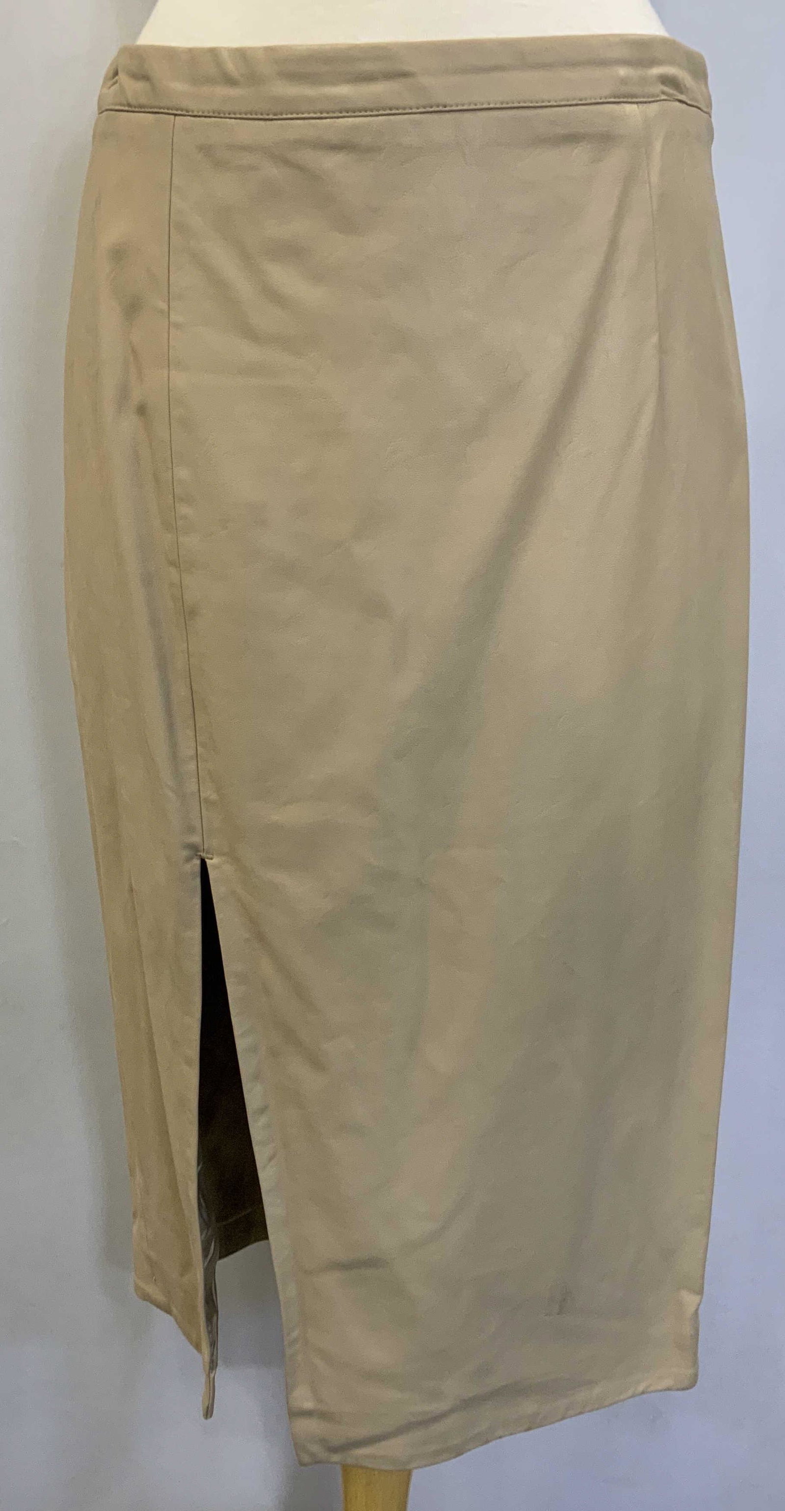 BARDOT Beige Faux Leather Pencil Skirt: Bardot beige faux leather pencil skirt. Size 10. Outer 100% polyurethane. Gently worn. Bardot, Bardot skirt, designer skirt, faux leather skirt, pencil skirt, midi skirt, ladies workwear, ladies casua