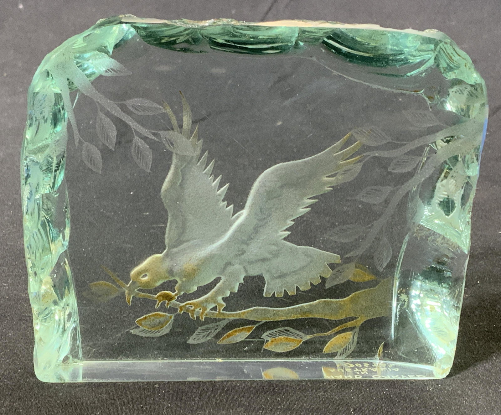 Vintage LADISLAV DOSTAL Hand Carved Art Glass Bird: Vintage LADISLAV DOSTAL hand carved art glass bird display. Signature etched to underside, made in Australia. Measures approx. 4.25 x .75 x 3.5 inches. Surface wear consistent with exposure. LADISLAV 