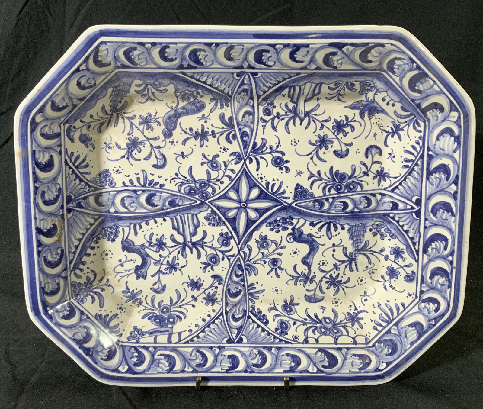 Hand Painted Blue Floral Ceramic Platter, Portugal (1 of 4)