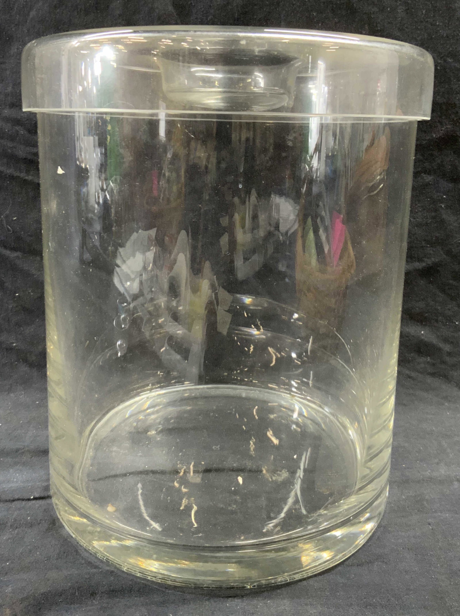 Cylindrical Crystal Jar Vessel W Lid: Vessel appears to be crystal possibly glass. Jar has cylindrical shape. Piece includes lid. Vessel measures approx 9 inches tall 8 inches wide. Vessel, jar, container, lidded jar, glass jar. 6