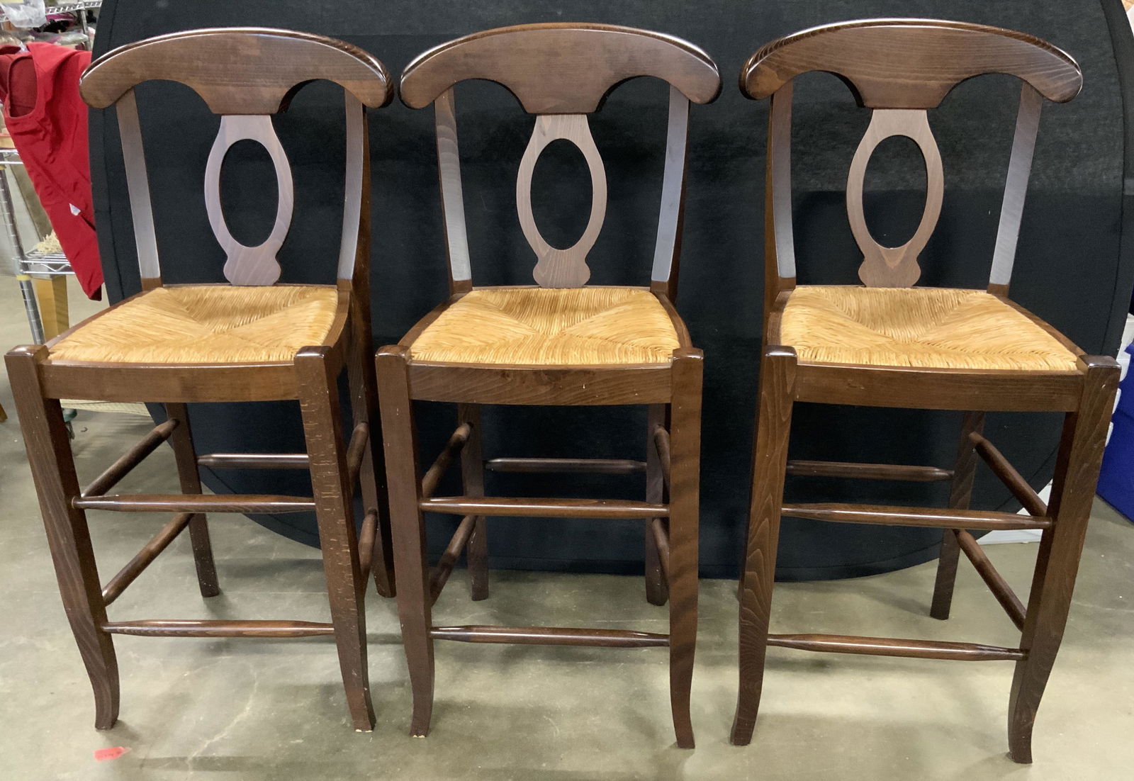 Set 3 Wooden Stools W Rush Seats (1 of 8)