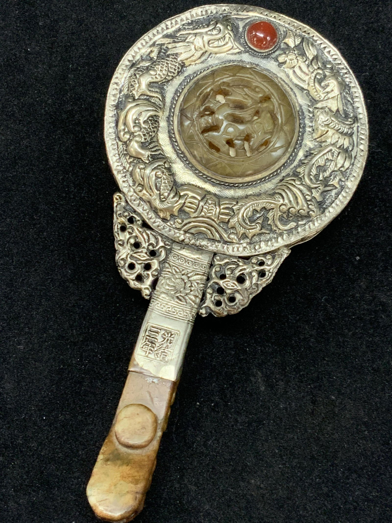 Vintage Hand Mirror W White Metal & Carved Stone (1 of 11)